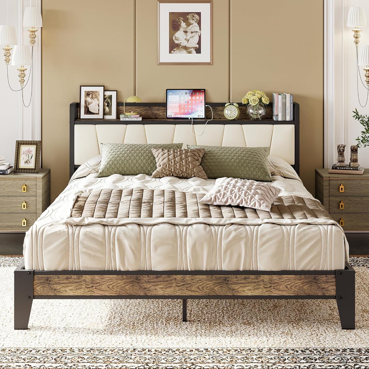 Likimio YZBSDGCE9RVBTVJW 62.2-in W Walnut and Beige Queen Bed Frame with Storage Headboard and Charging Station