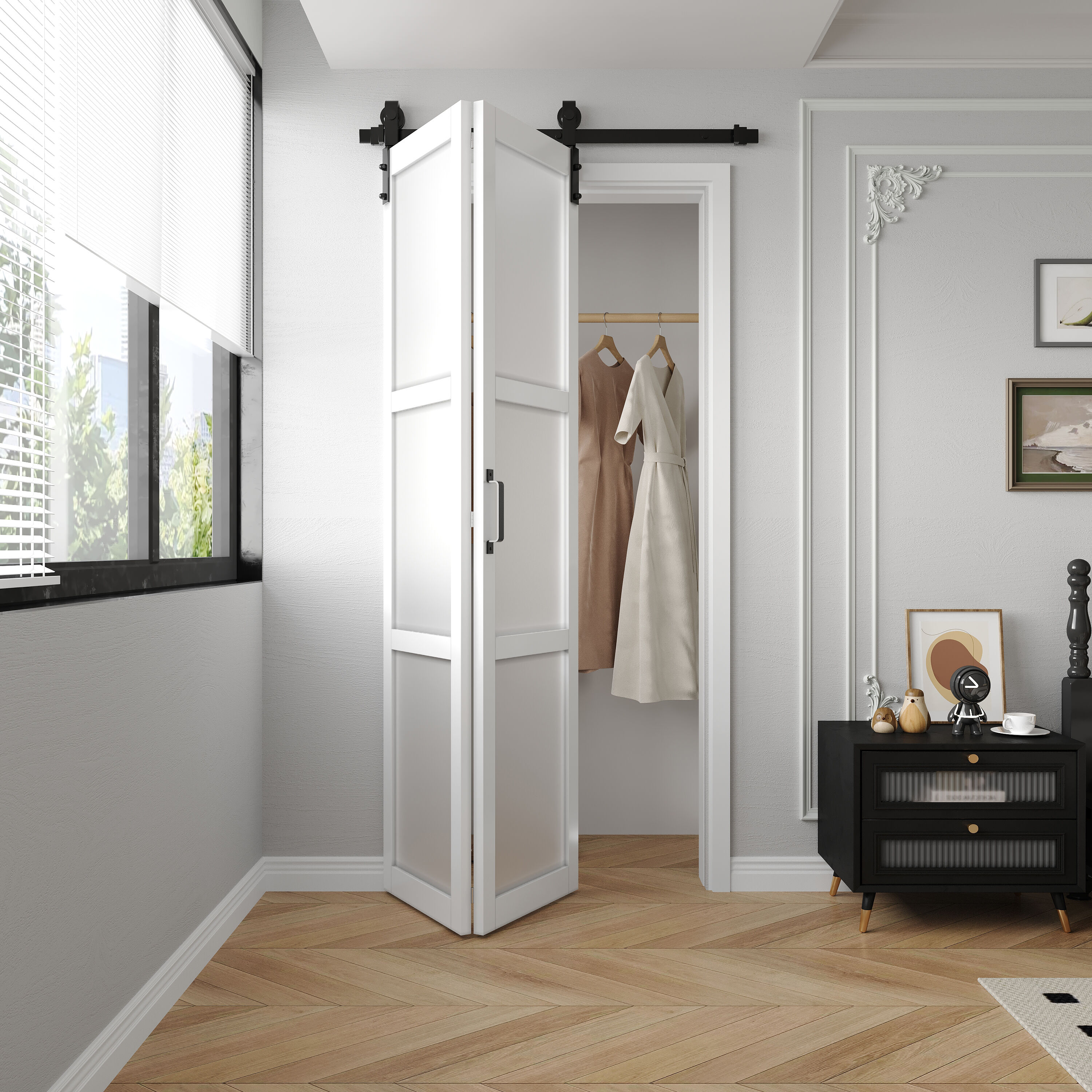 RELIABILT BIBARNDOOR01-40 40-in x 84-in White Equal Frosted glass Glass Solid core Single bifold Barn Door (Hardware Included)