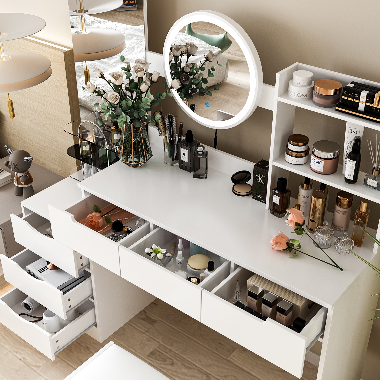 FUFU&GAGA Contemporary White Makeup Vanity Table with Mirror and 6 Drawers  - Adjustable Light and Multi-Storage Space Design in the Makeup Vanities  department at