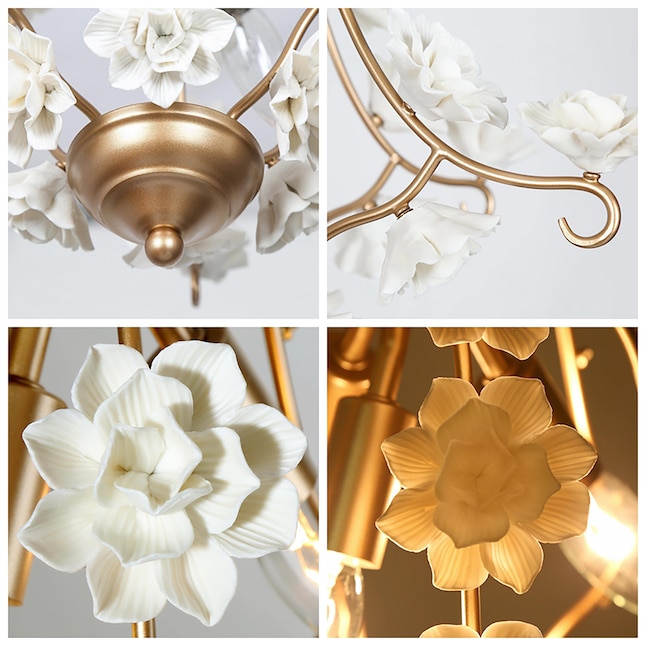 Uolfin Olivia 3-Light Matte Gold and Handmade Ceramic Floral Flowers ...