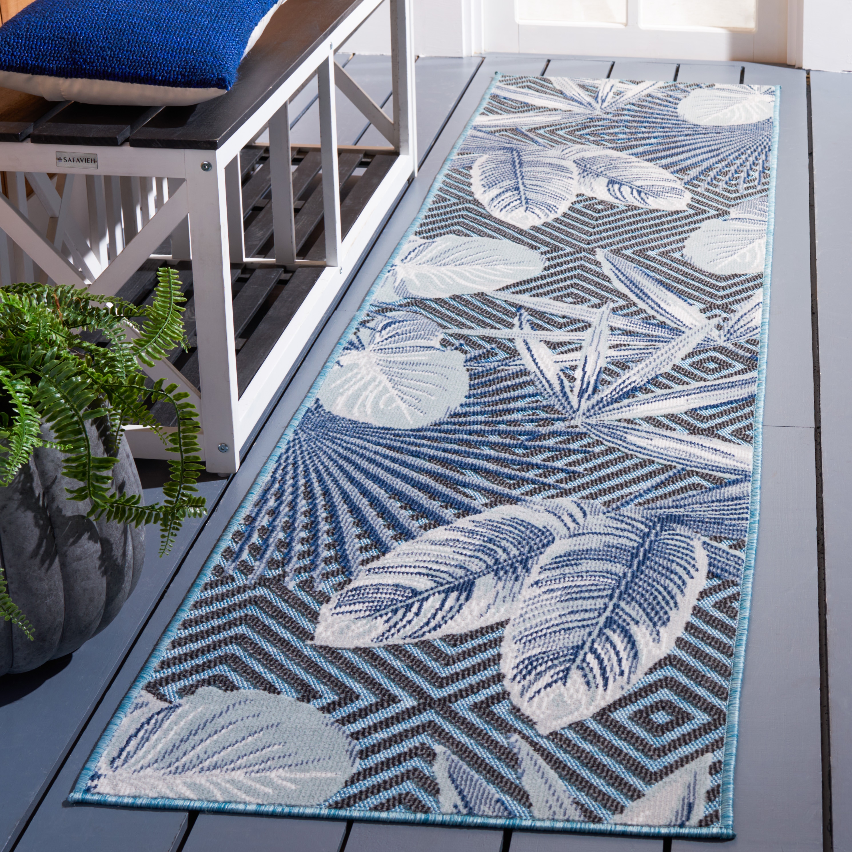 Safavieh CBN447K-29 Cabana 2 x 9 (ft) Loomed Synthetic Aqua/Navy Rectangular Indoor/Outdoor Floral Tropical Runner rug