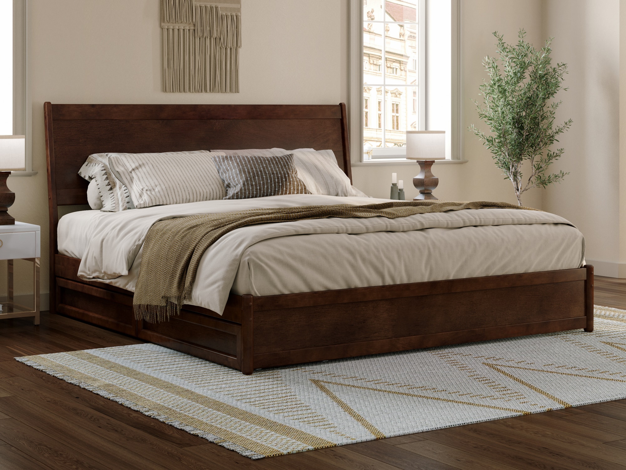 Casanova Dark Walnut King Wood Platform Bed with Storage Drawers