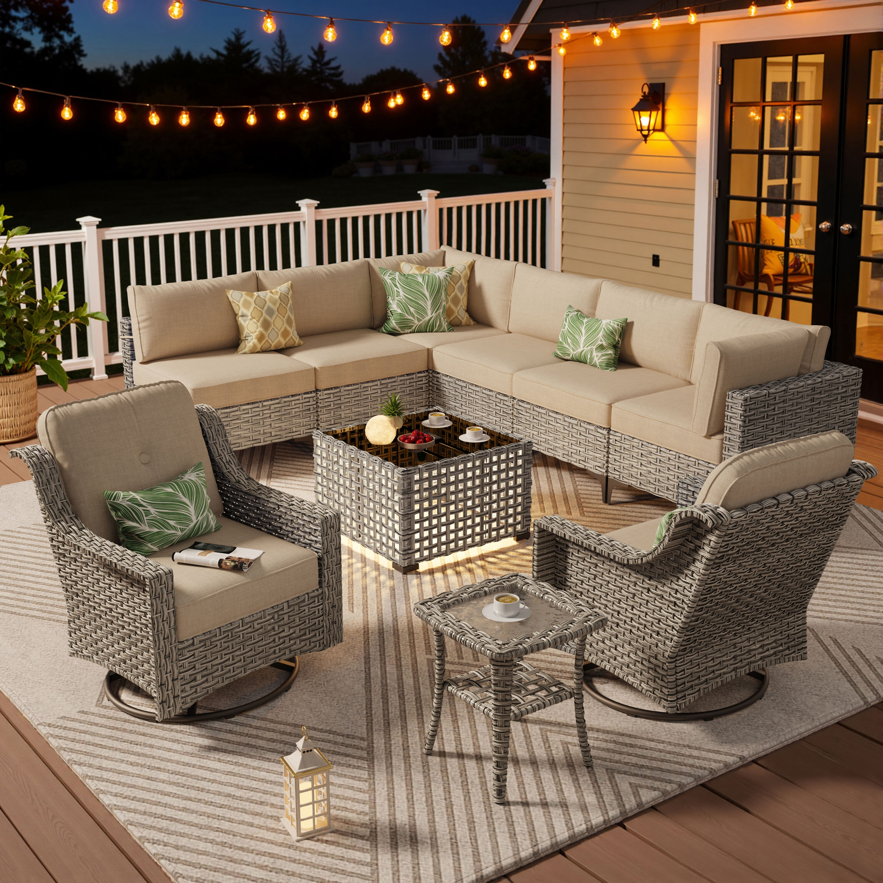 Ovios SK600YP 10 -Piece Wicker Patio Conversation Set with Beige Cushions