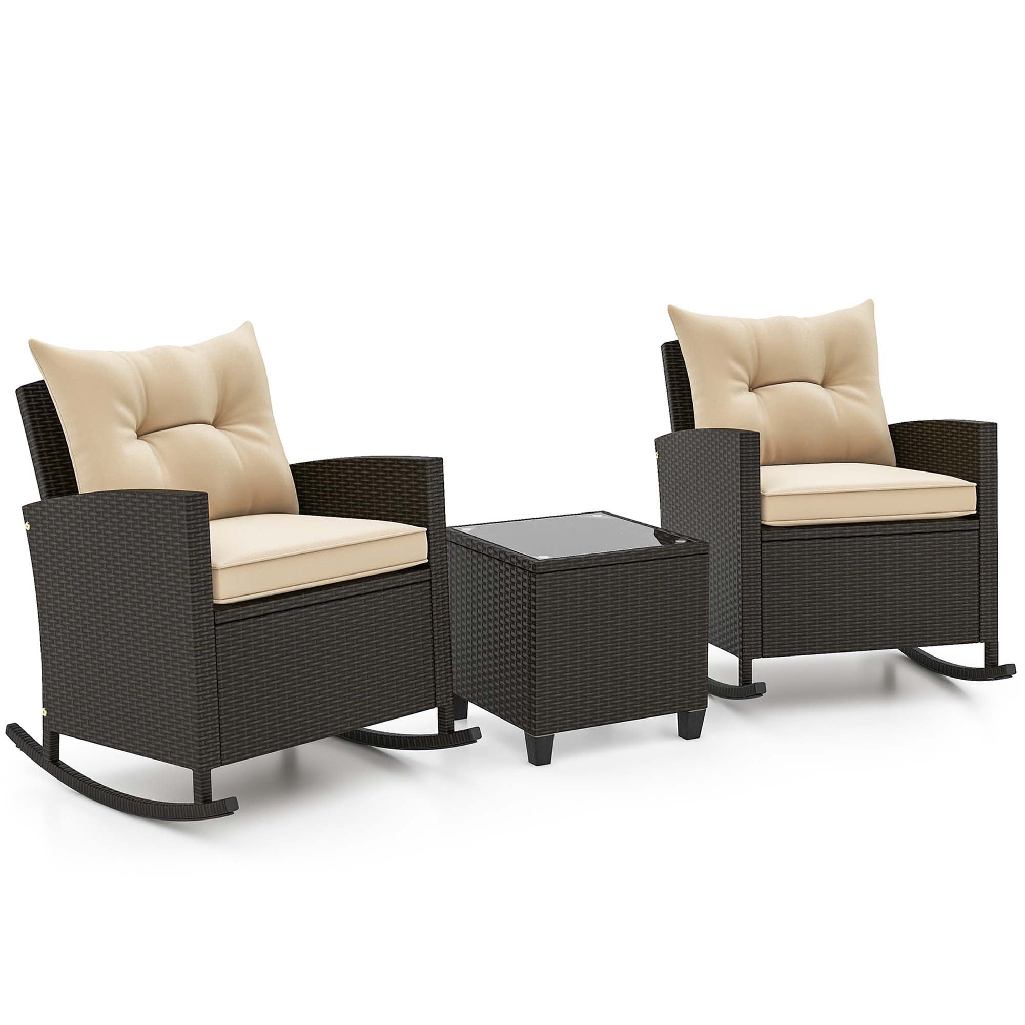Costway HCST01672 3 -Piece Rattan Patio Conversation Set with Off-white Cushions