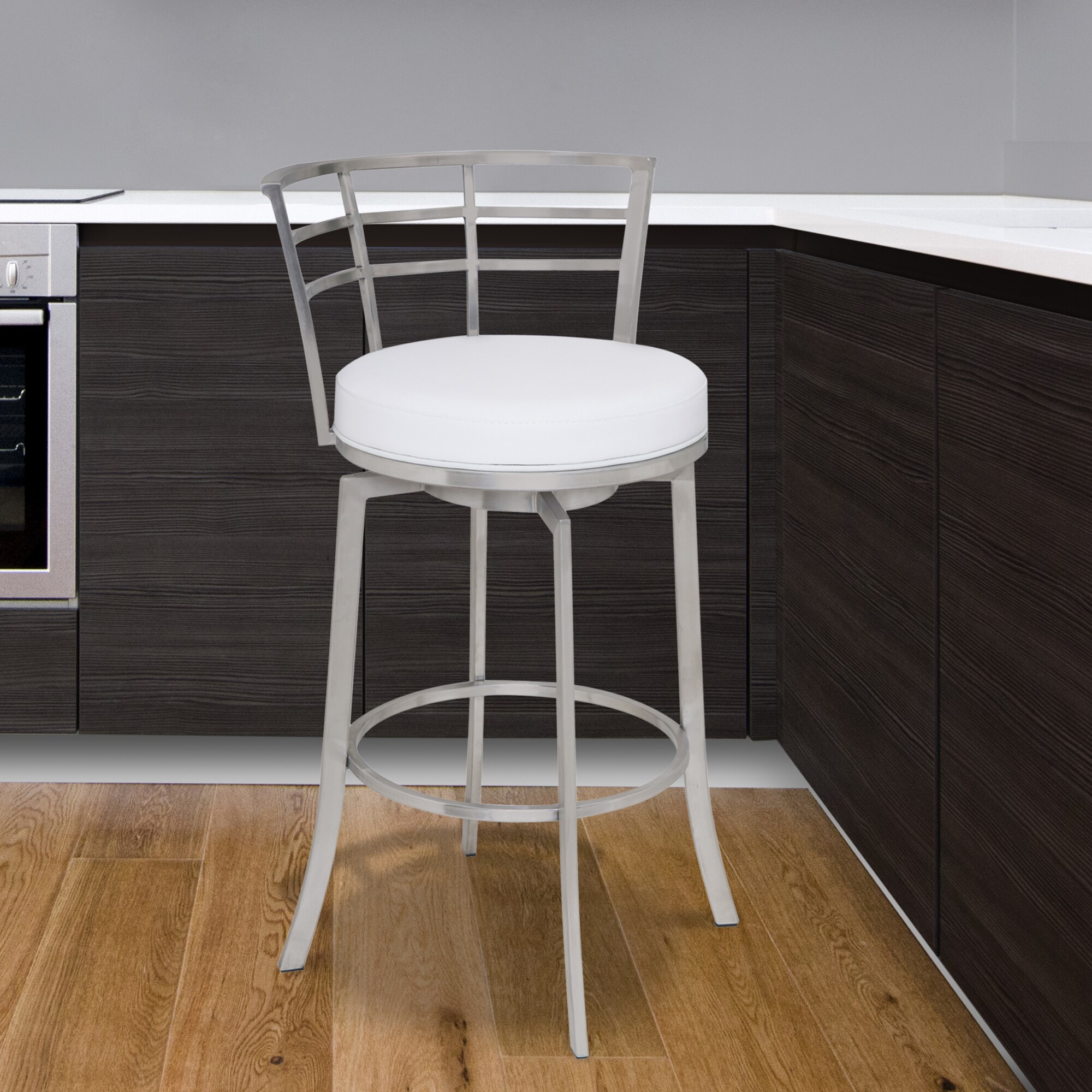 Armen Living LCVI26BAWH Viper Brushed Stainless Steel 26.0-in H Counter height Round seat Upholstered Swivel Metal Bar Stool and Back