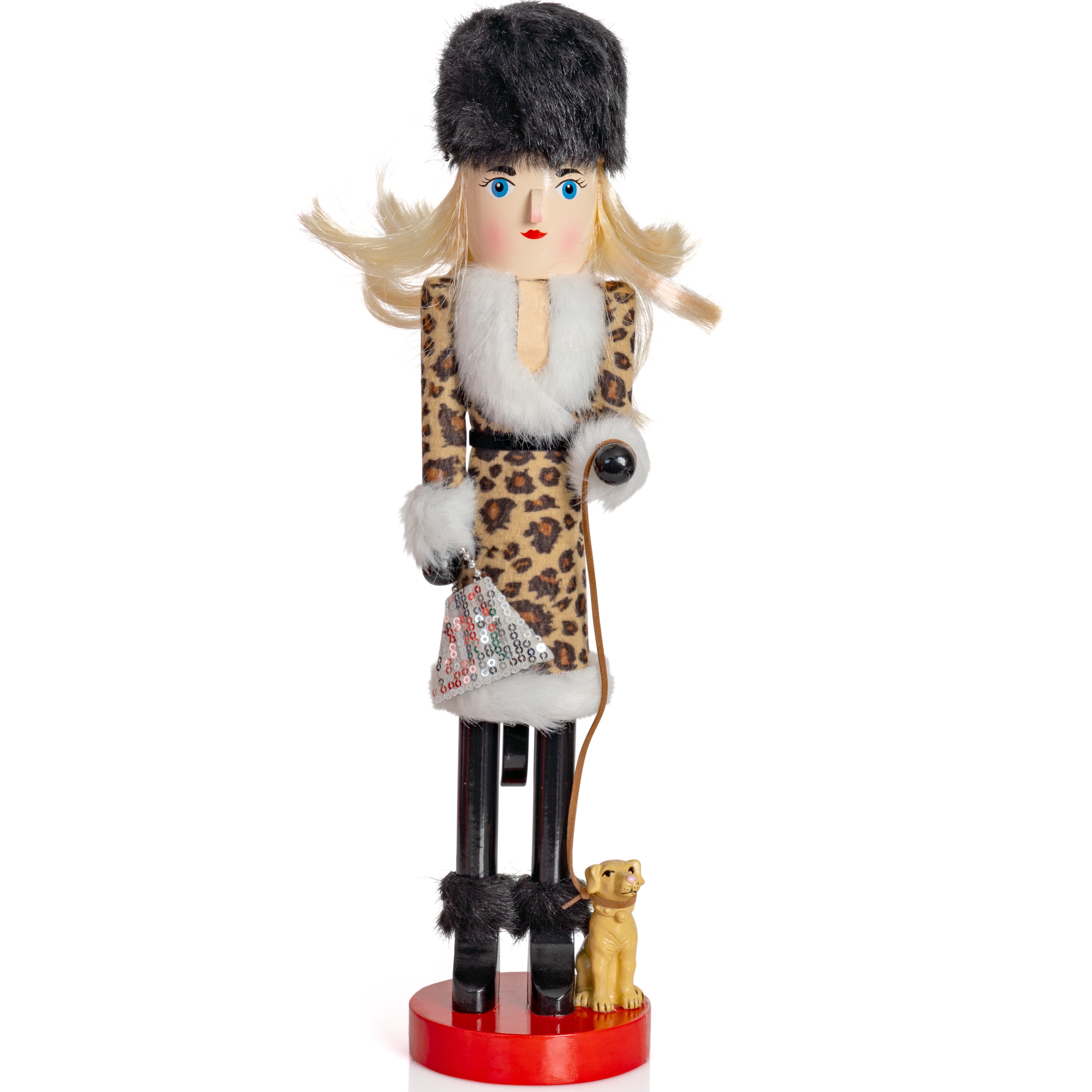 15" Leopard Print and Fur Christmas Nutcracker with Puppy