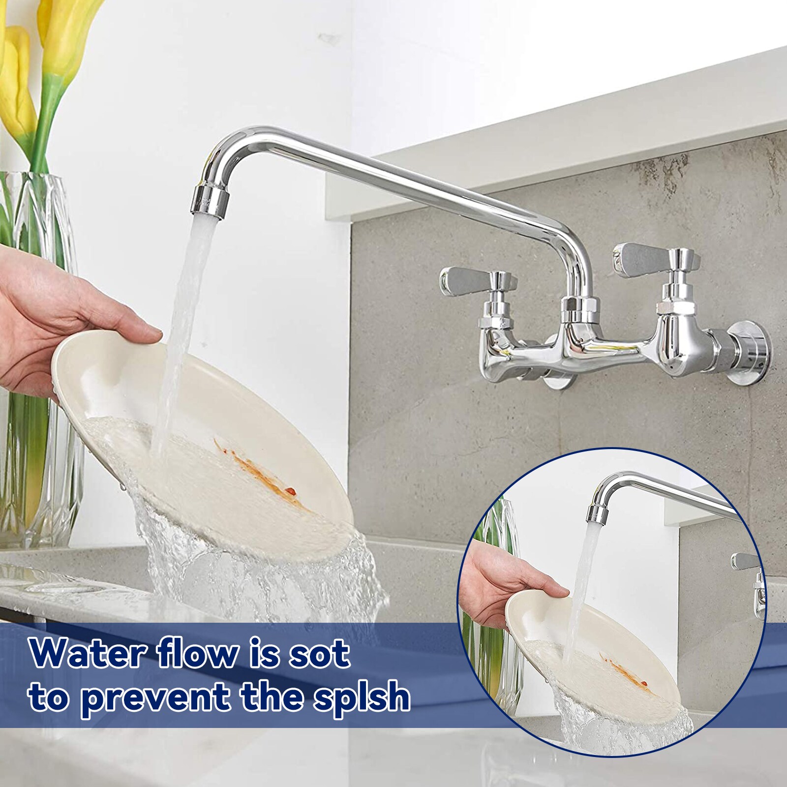 Polished Chrome Double Handle Wall Mount Kitchen Faucet with 12 Inch Swivel Spout