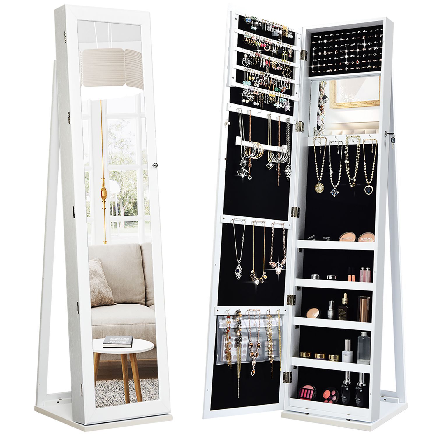 Costway CSHY000160 Mirrored Jewelry Cabinet Lockable Standing Storage Organizer with Shelf White