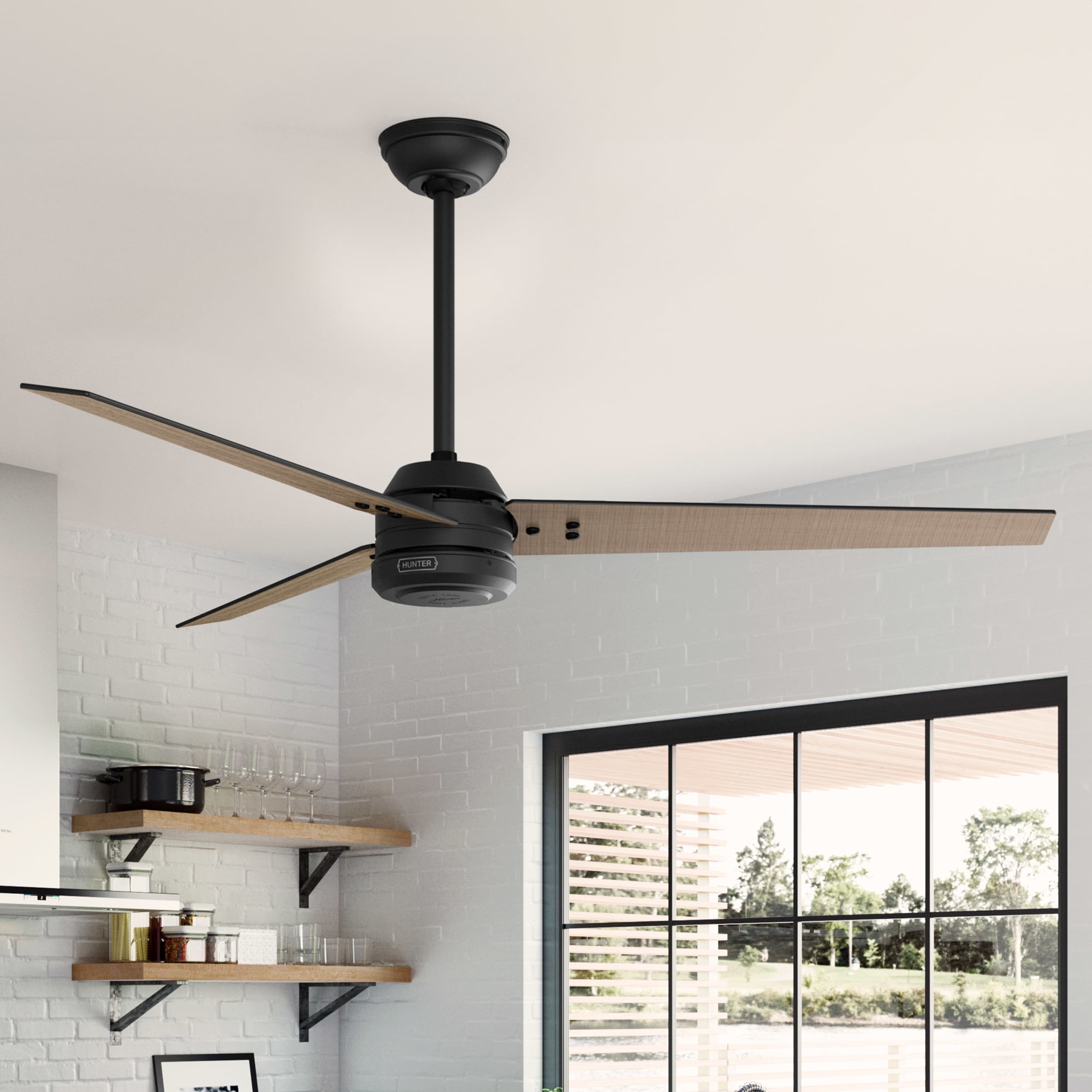 Hunter 52979 Cassius 60-in Outdoor Matte Black with Walnut Stripe Blades Ceiling Fan Without Light ( 3 -Blade )