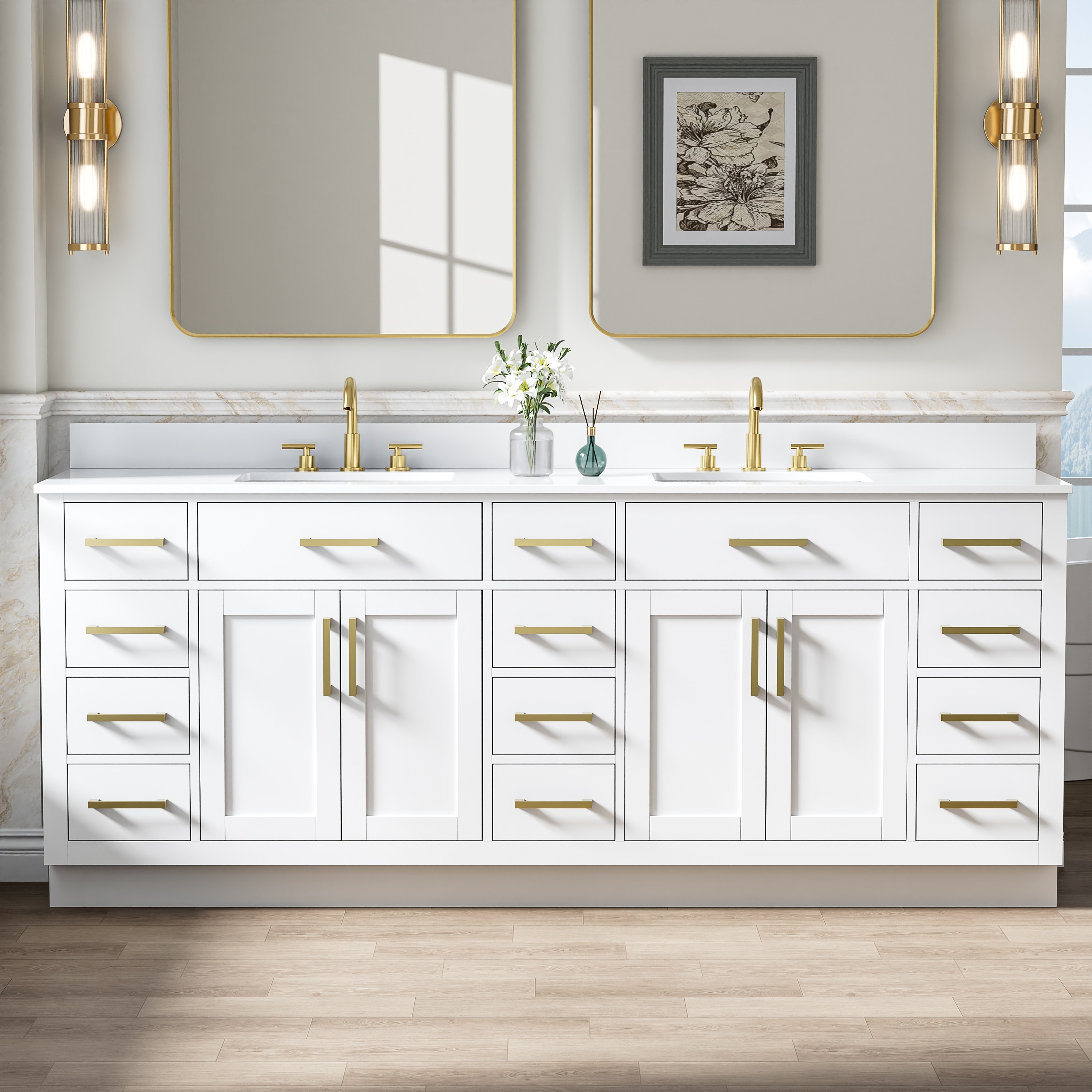 ANGELES HOME  Solid Wood 84-in White Undermount Double Sink Bathroom Vanity With White Cultured Marble Top And Brushed Gold Handles(Fully Assembled)