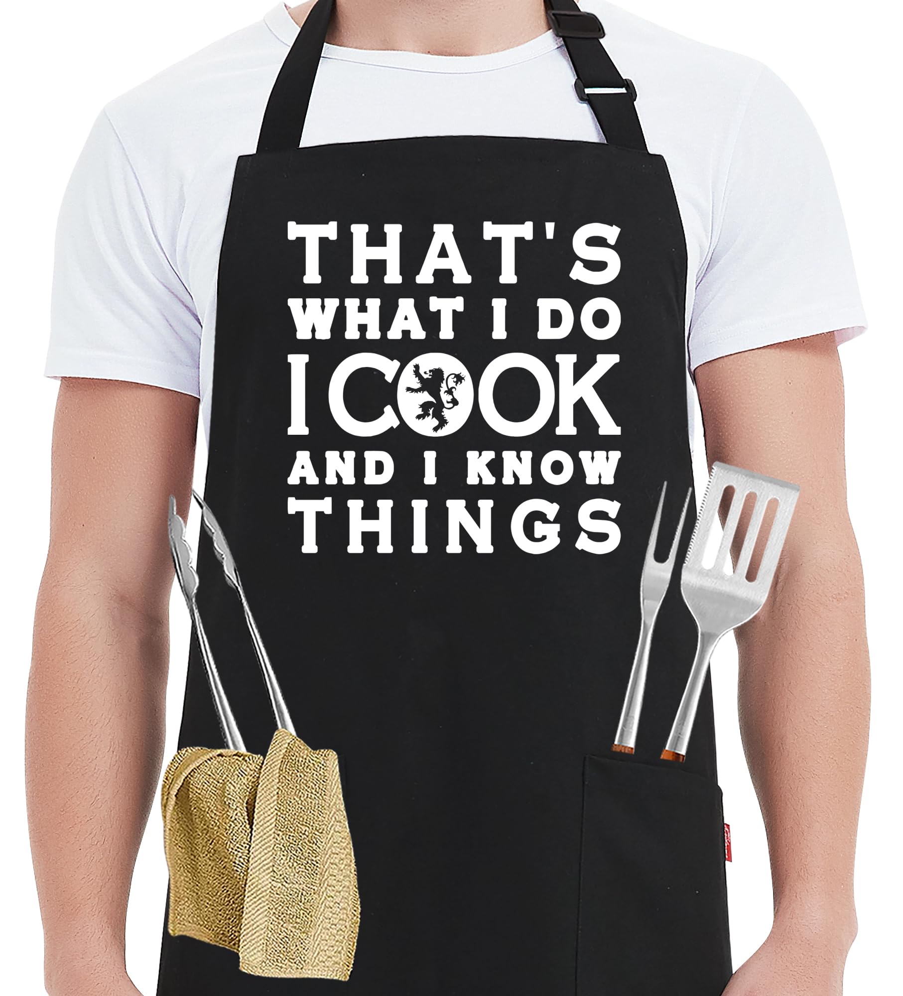 JVFCXXV  Mens Funny Chef Cooking Grilling Apron Cotton Adjustable Neck Strap Two Large Pockets One Size Fits All Gift for Dad Husband Brother