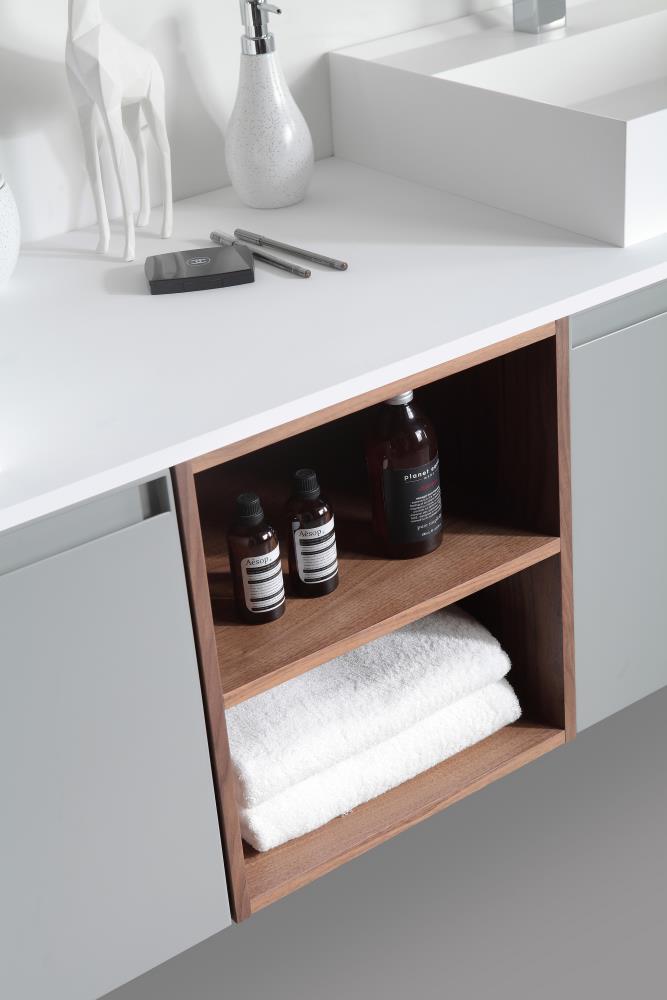Manarola 72" Light Gray Wall-Mount Modern Vanity with Walnut Shelves