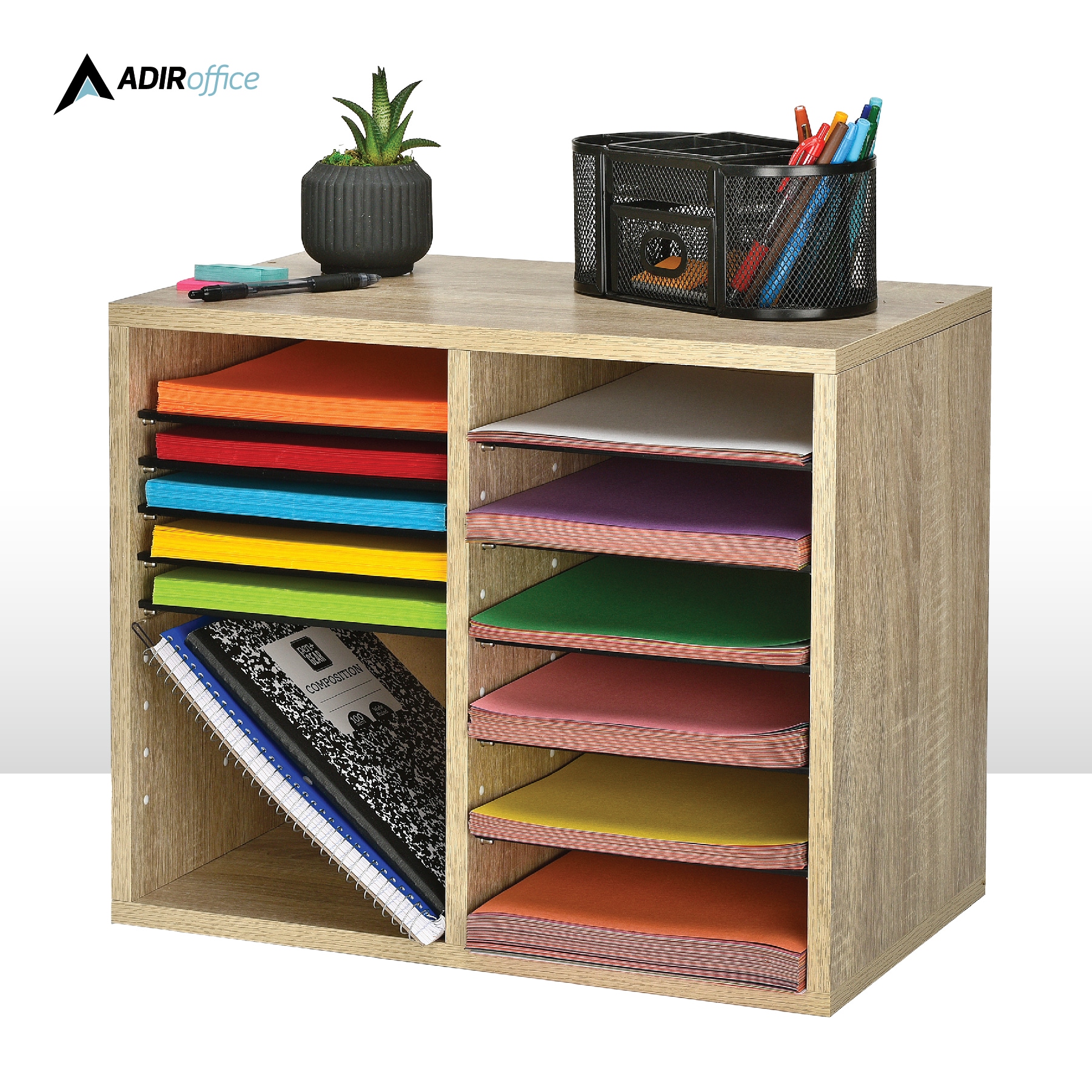 Medium Oak MDF 12-Compartment File Organizer in Brown