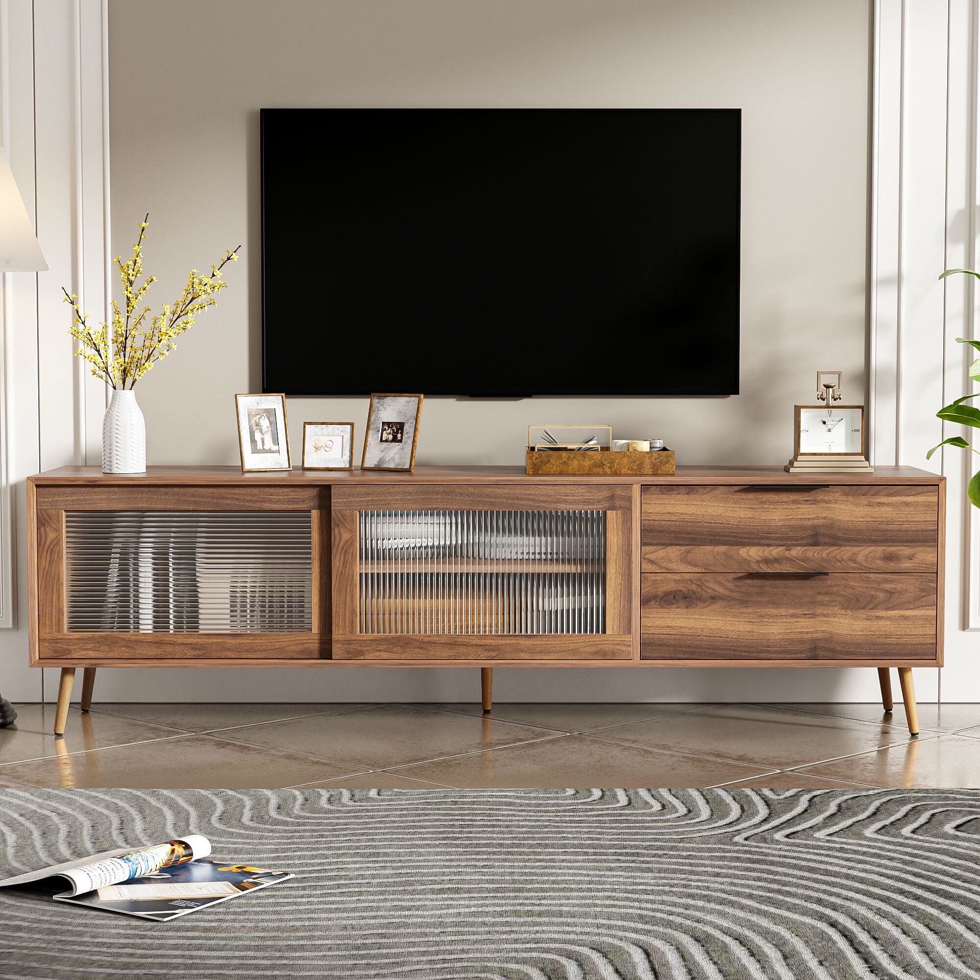 Tatayosi XH-P222776P 70 Inch Modern TV Stand with Glass Doors and Storage for TVs Over 75 Inches