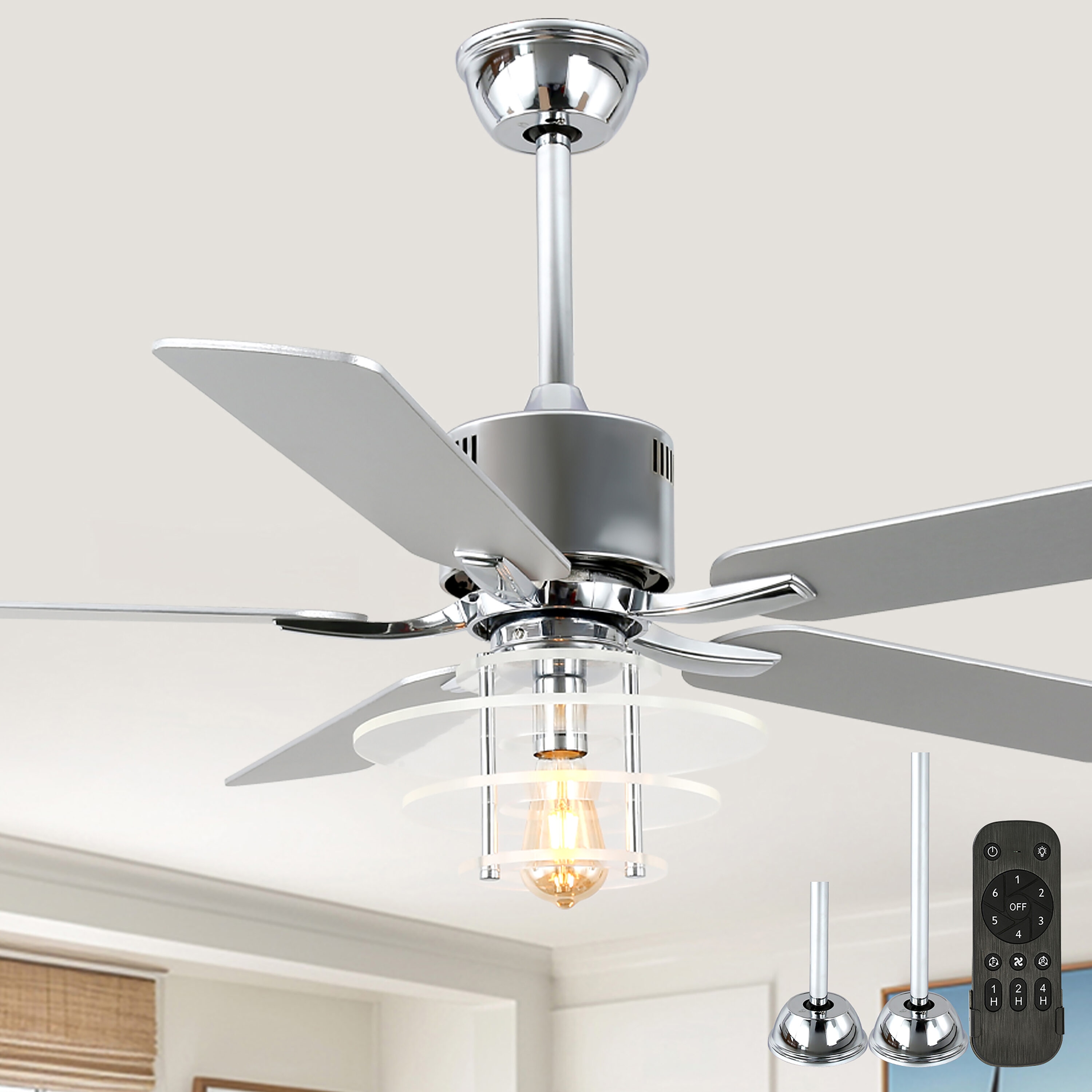 Cusp Barn CS52P22C 52-in Chrome with Wood Blades Chandelier Ceiling Fan Without Light - Remote Included ( 5 -Blade )