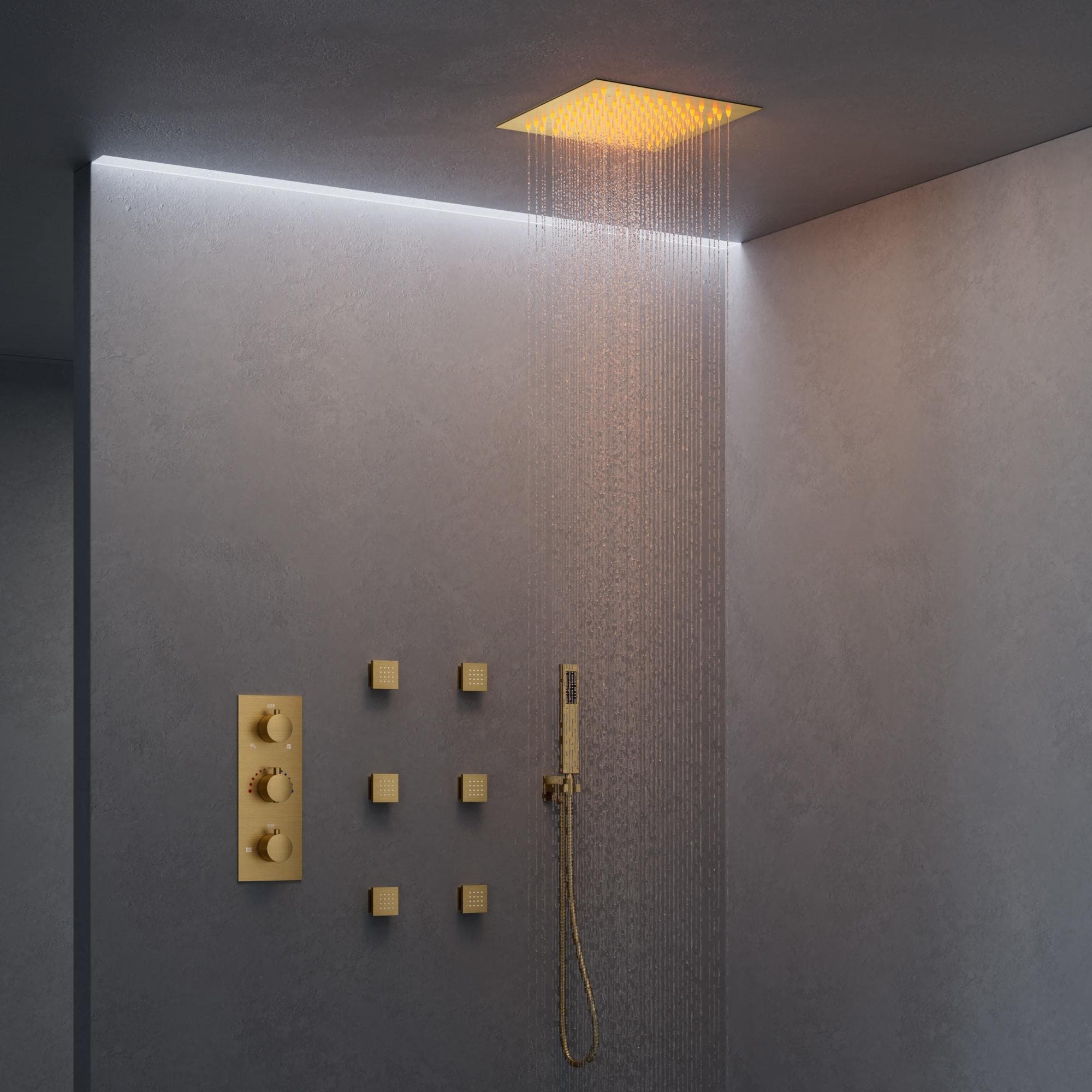 EVERSTEIN M6378GNLI 3-Spray Patterns LED Shower System 12 in. Ceiling Mount Dual Shower Heads with 6-Jets in Brushed Gold (Valve Included)