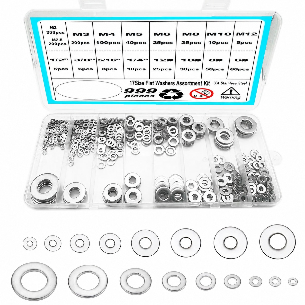 ITOPFOX  Stainless Steel Washers Assortment Kit 999 Pieces 17 Sizes M2 to M12 and 6 to 1/2 Inch Flat Metal Washers with Storage Case