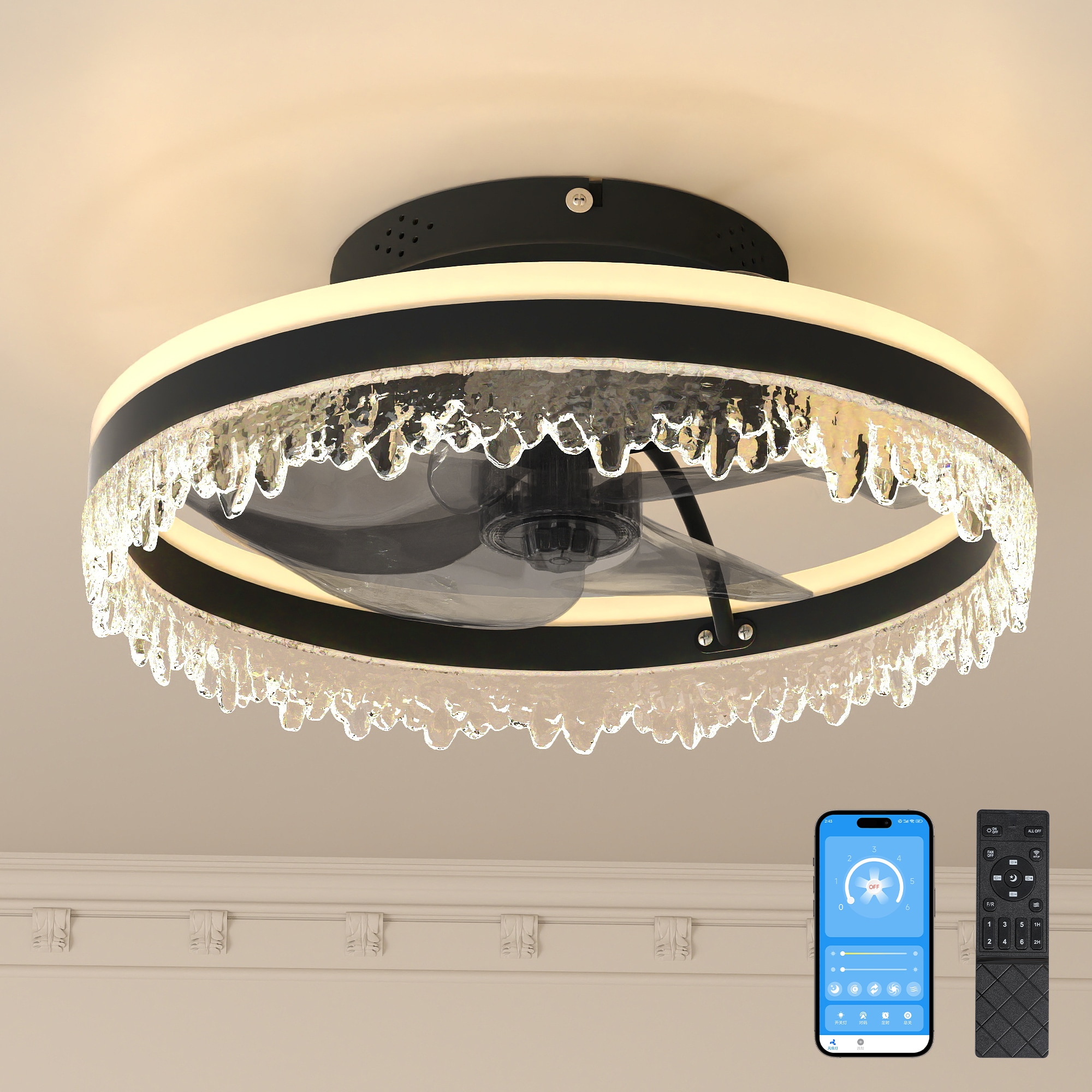 BABOOM BOM-P213807-OR LED Crystal Flush Mount Fan Lamp with Hidden Blades 16-in Color-Changing Integrated LED Flush Mount Black with ABS Blades Fandelier Ceiling Fan With Light - Remote Included ( 5 -Blade )