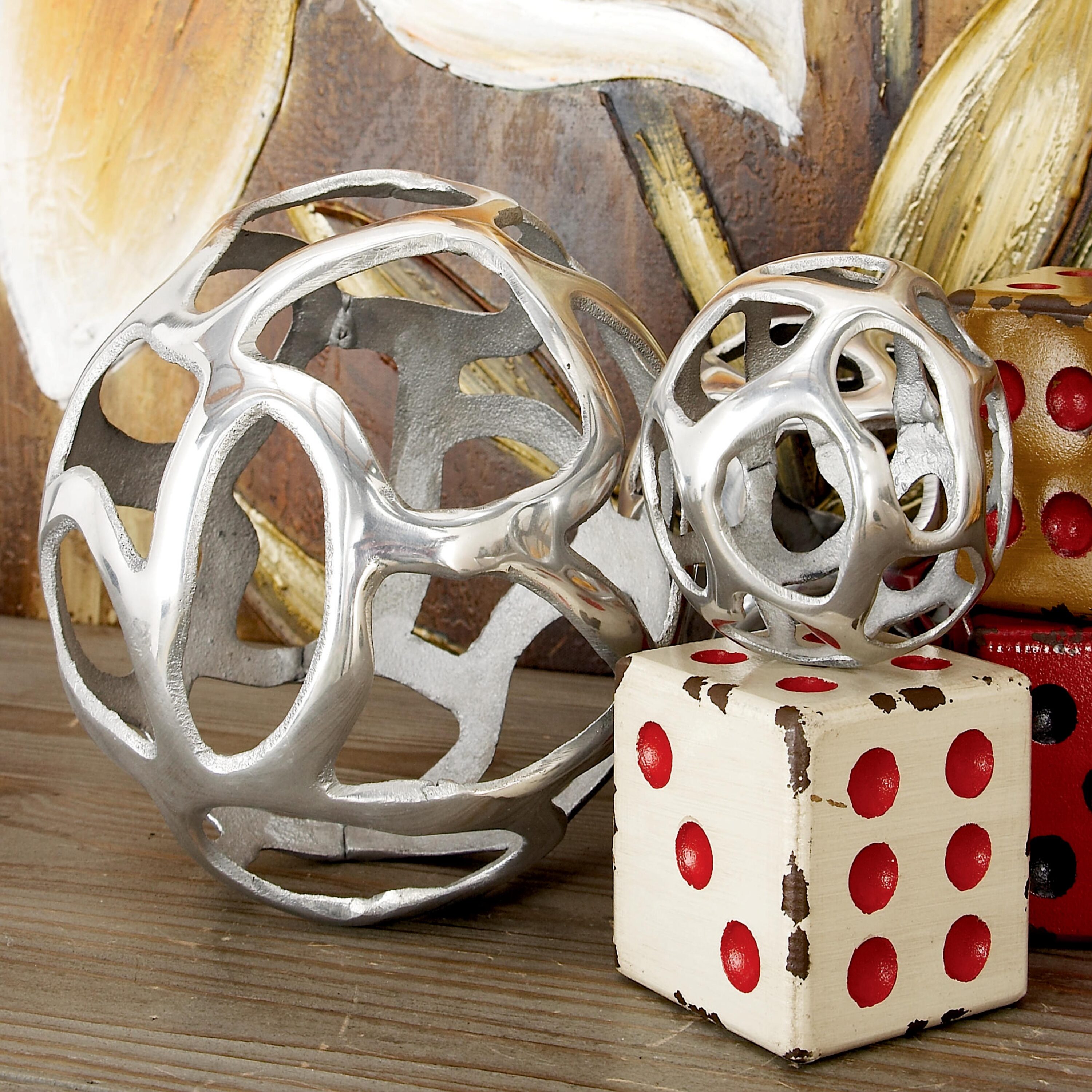 Set of 3 Polished Silver Metal Decorative Orbs