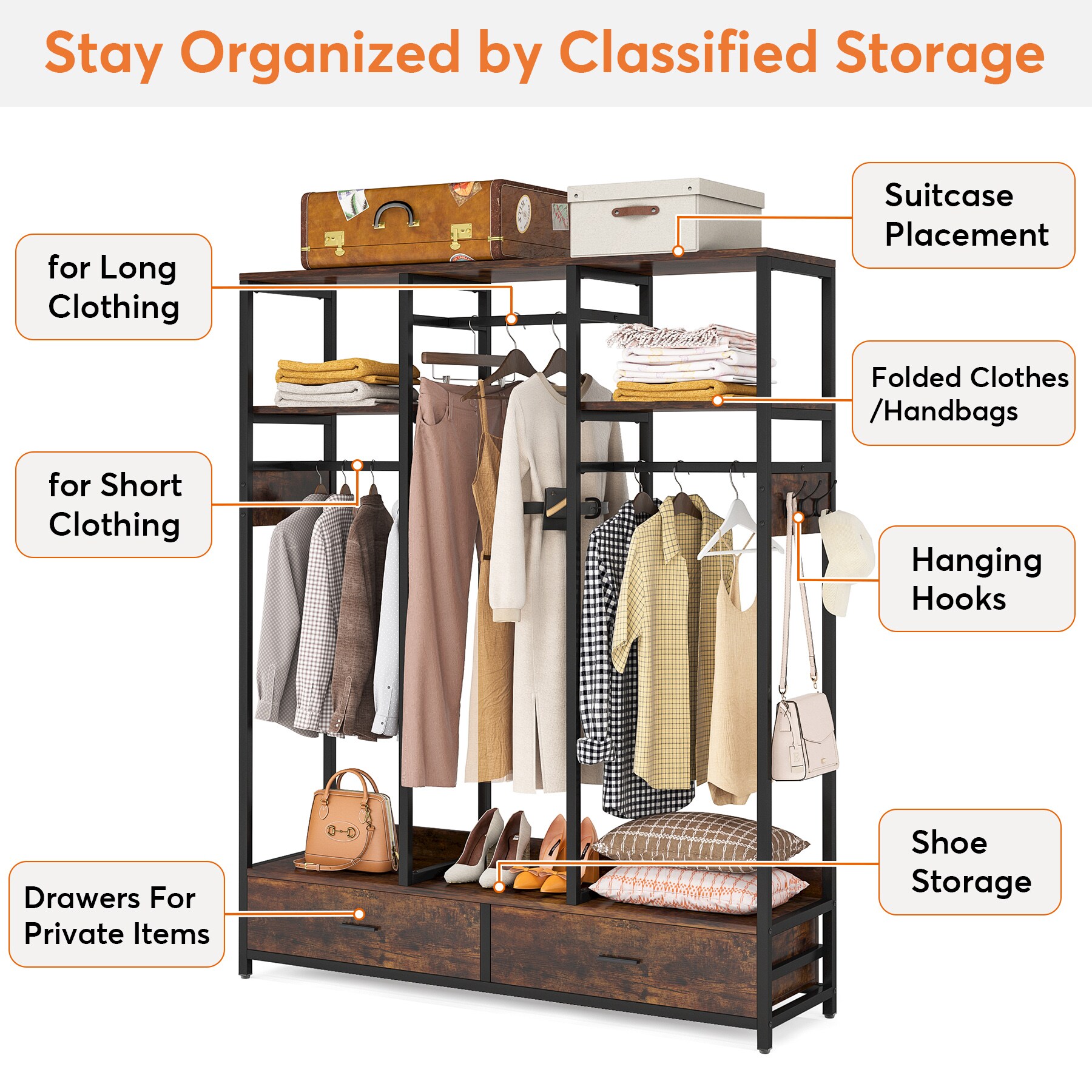 Tribesigns 4.59-ft to 4.59-ft W x 5.93-ft H Rustic Brown Solid Shelving Wood Closet System | HOGA-F1630