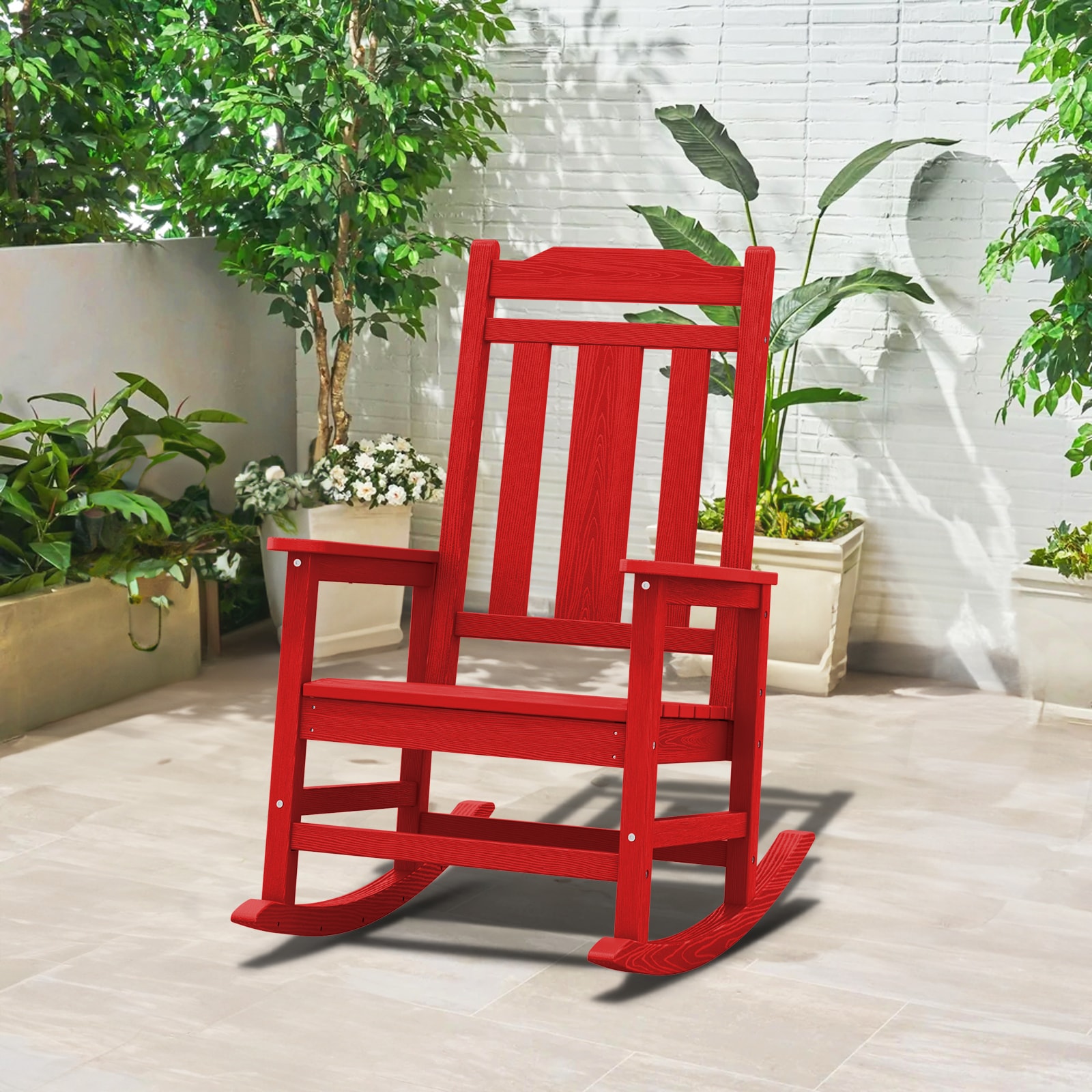 VOUA JCTY-GN HDPE Patio Rocking Chairs BRIGHT RED HDPE Frame Rocking Chair with Slat Seat