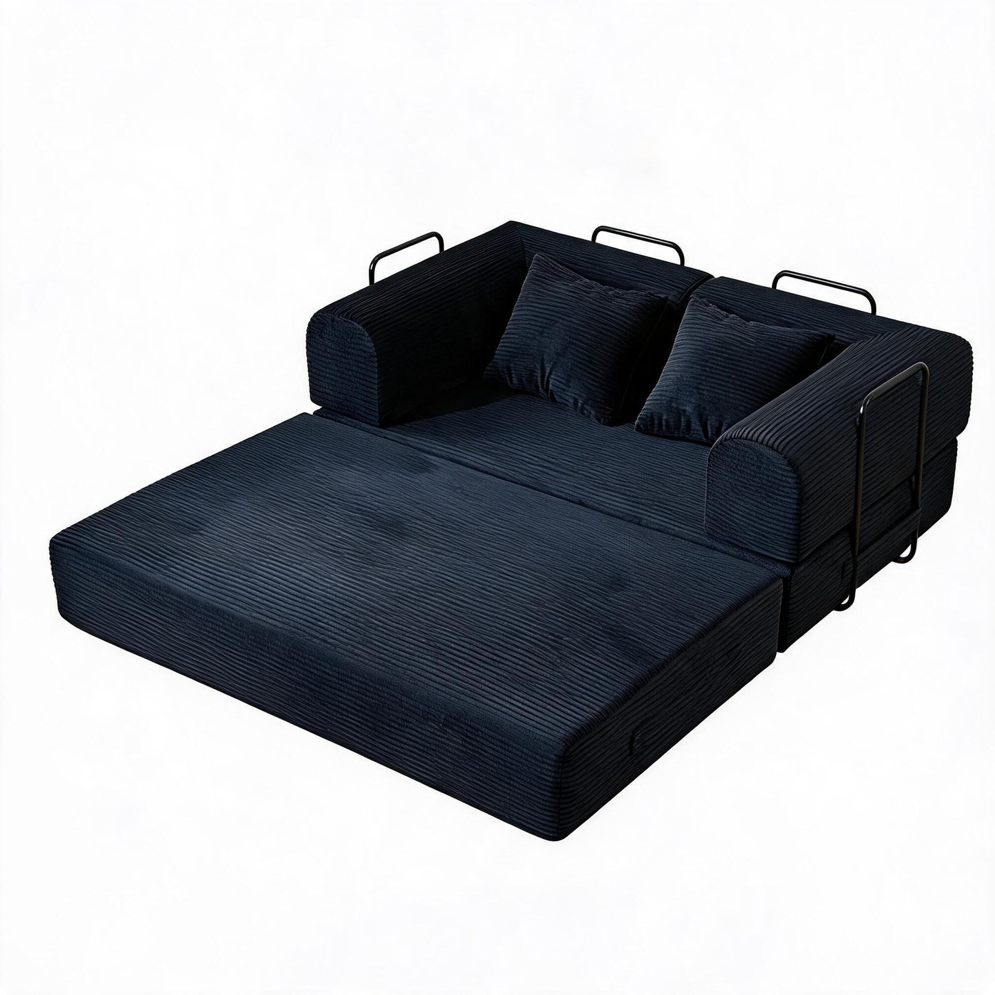 UOI 59 inch Black Corduroy Convertible Sleeper Sofa Bed with Cylindrical Pillow and Fixed-Shape Frame