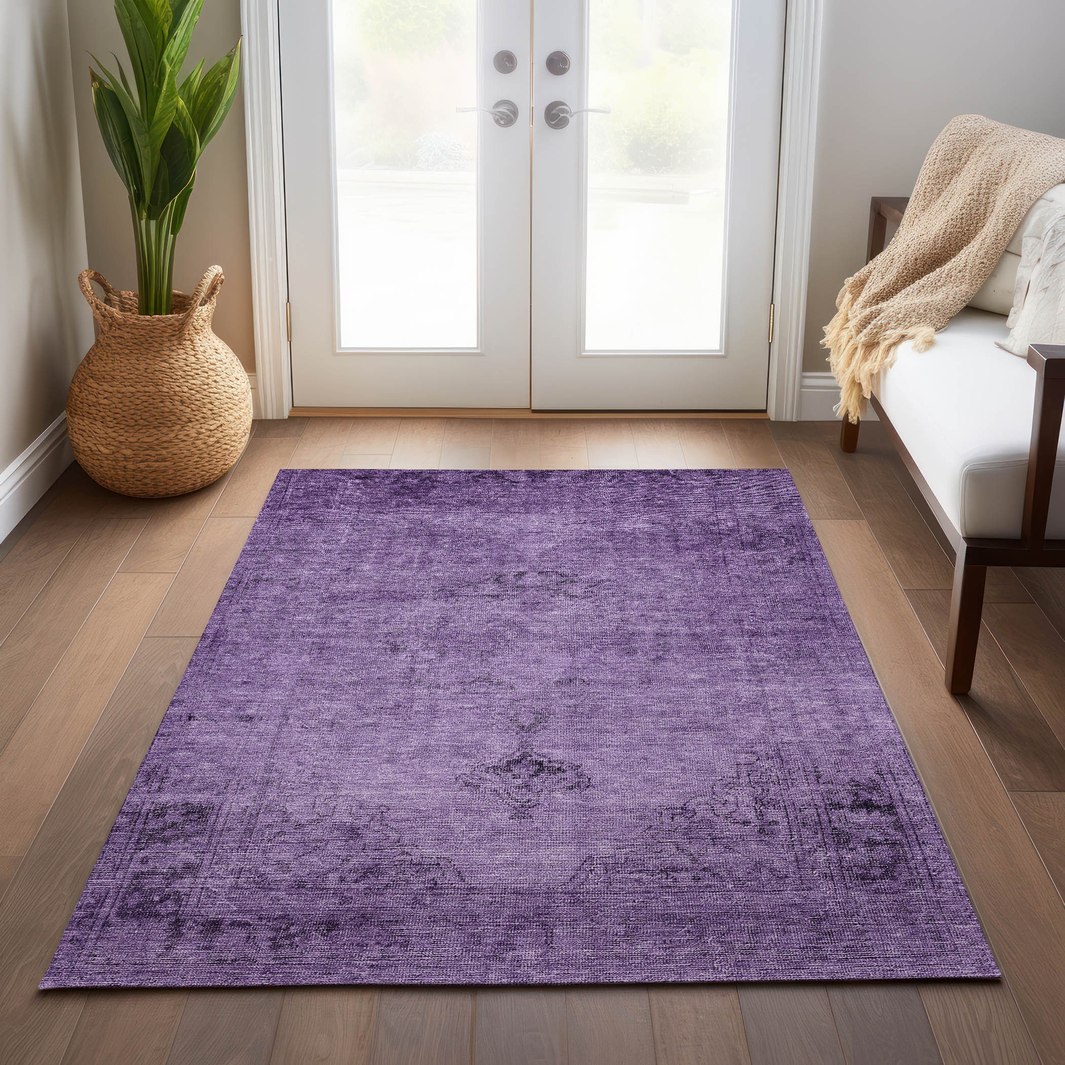 Purple Rectangular Synthetic Indoor Outdoor Washable Rug
