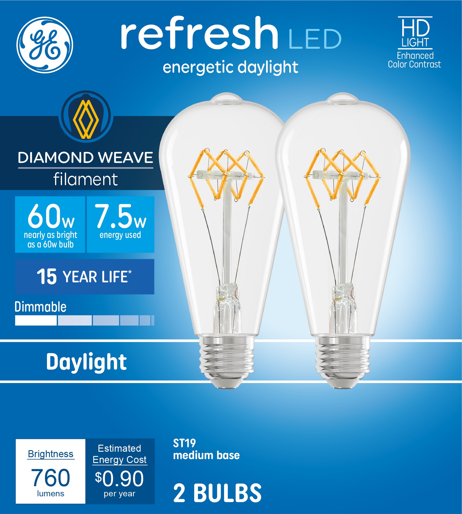 GE Refresh 60 -Watt EQ ST19 Daylight Medium screw base E26 Dimmable LED General purpose Light Bulb