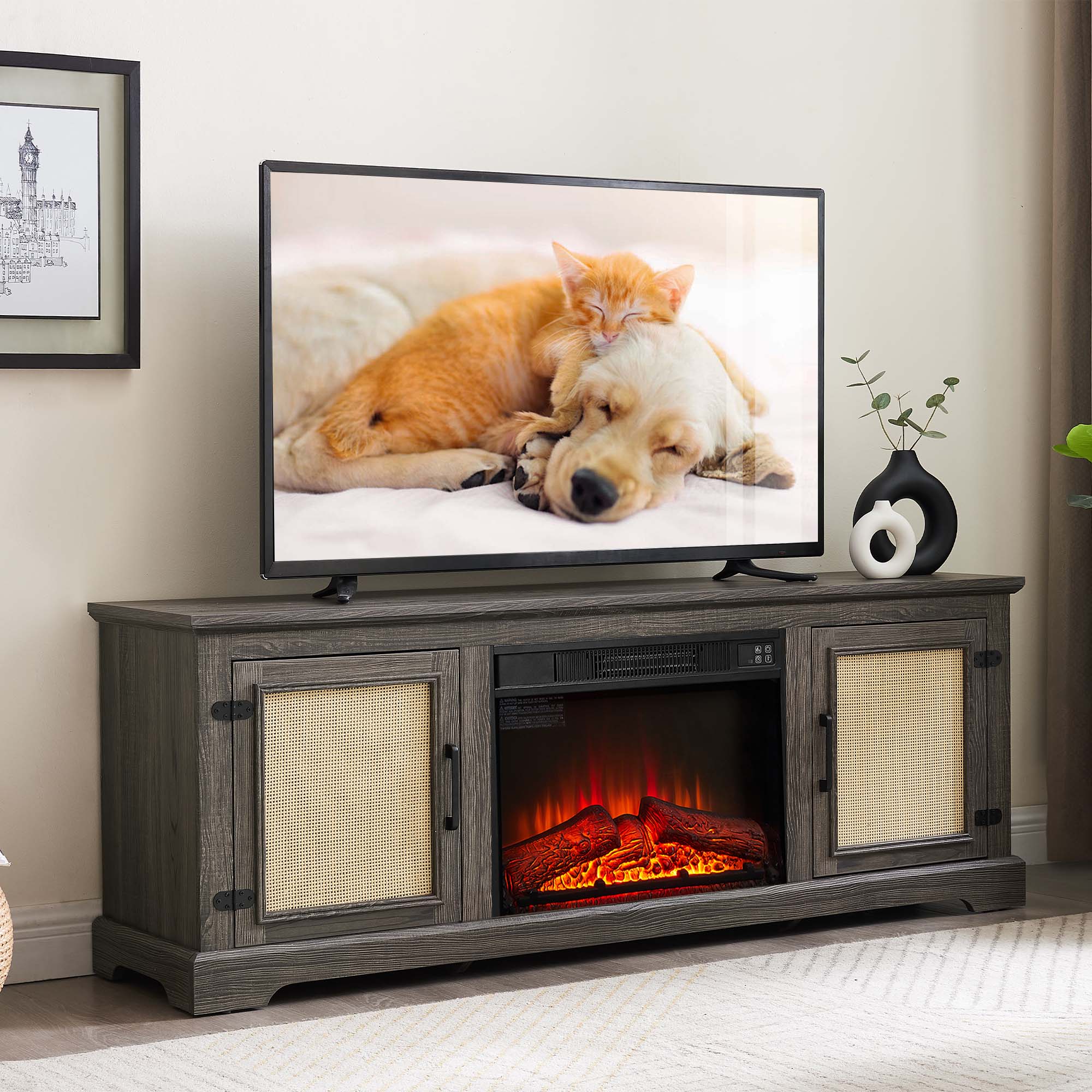 Sunrinx MG8-FP-19 65-Inches W Gray TV Stand with LED Flat wall Electric Fireplace with Remote Control Included