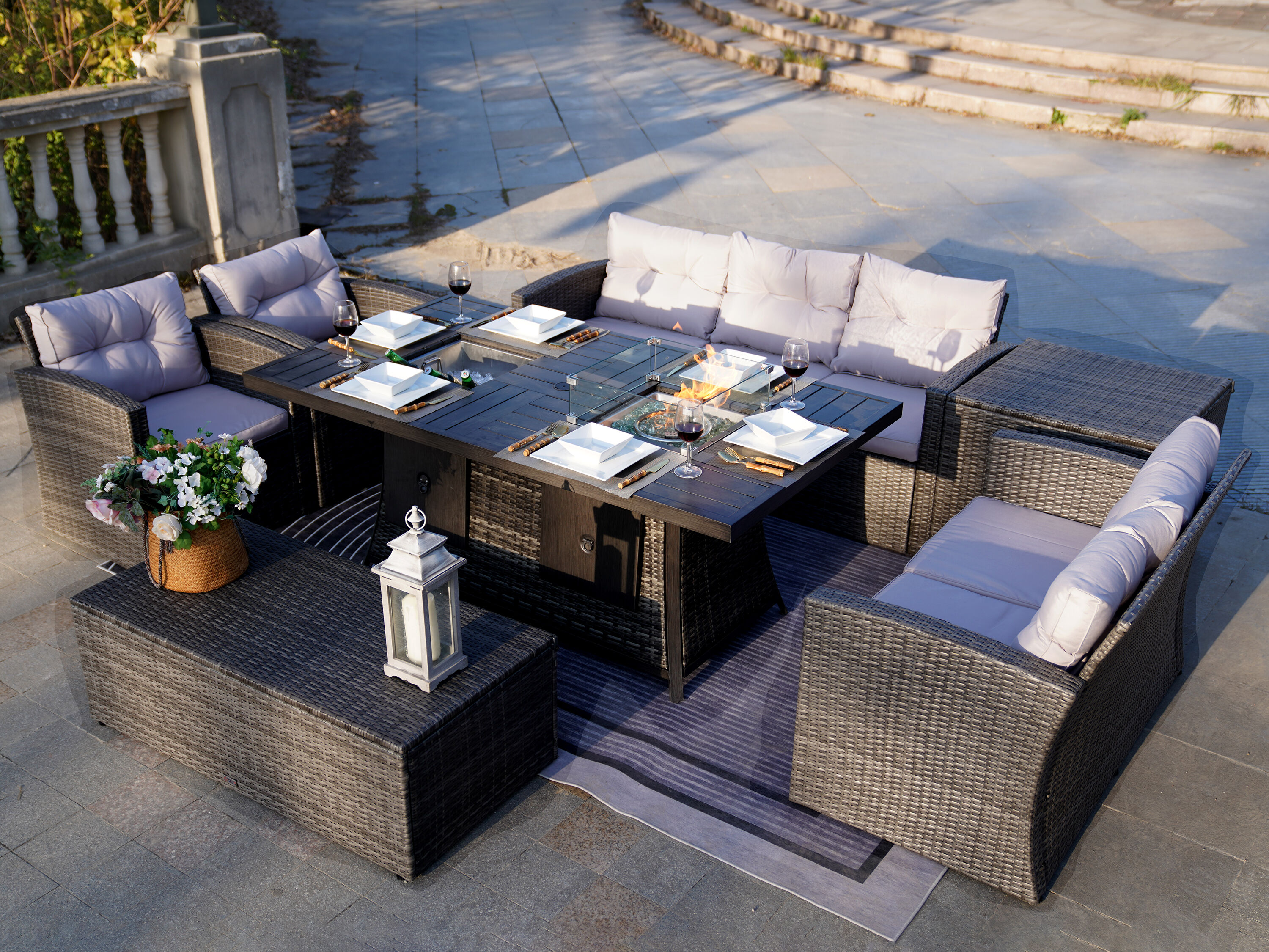 Moda Furnishings 1503-1106FI-G 7 -Piece Wicker Patio Sofa Conversation Set with Gray Cushions