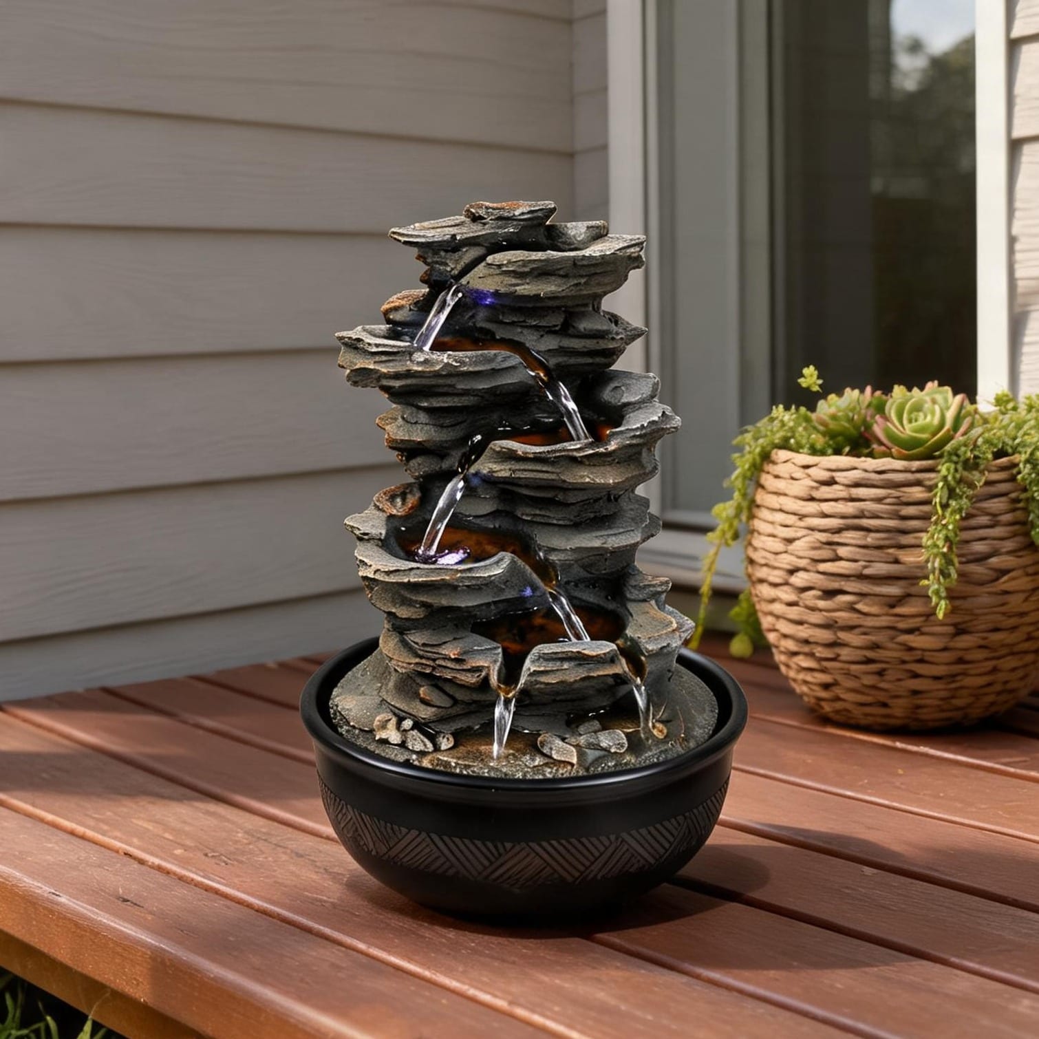 Watnature - Modern Tabletop Waterfall Fountain with LED Lights in Classic Gray Resin