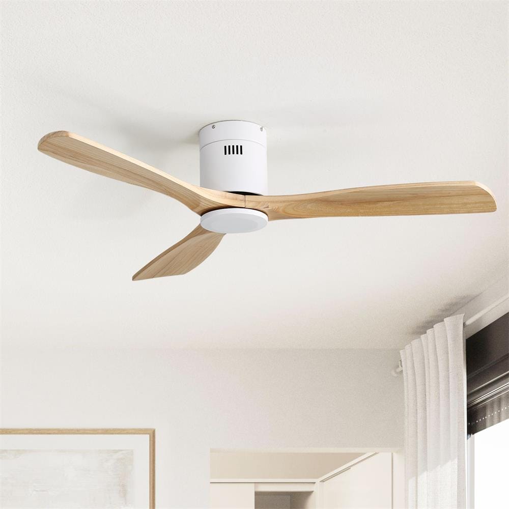 Sofucor LW-52143-WH-WD-YM 52 inch White Modern Flush Mount Indoor Solid Wood 3 Blades Ceiling Fan with Remote Control and Forward and Reverse Rotation Function