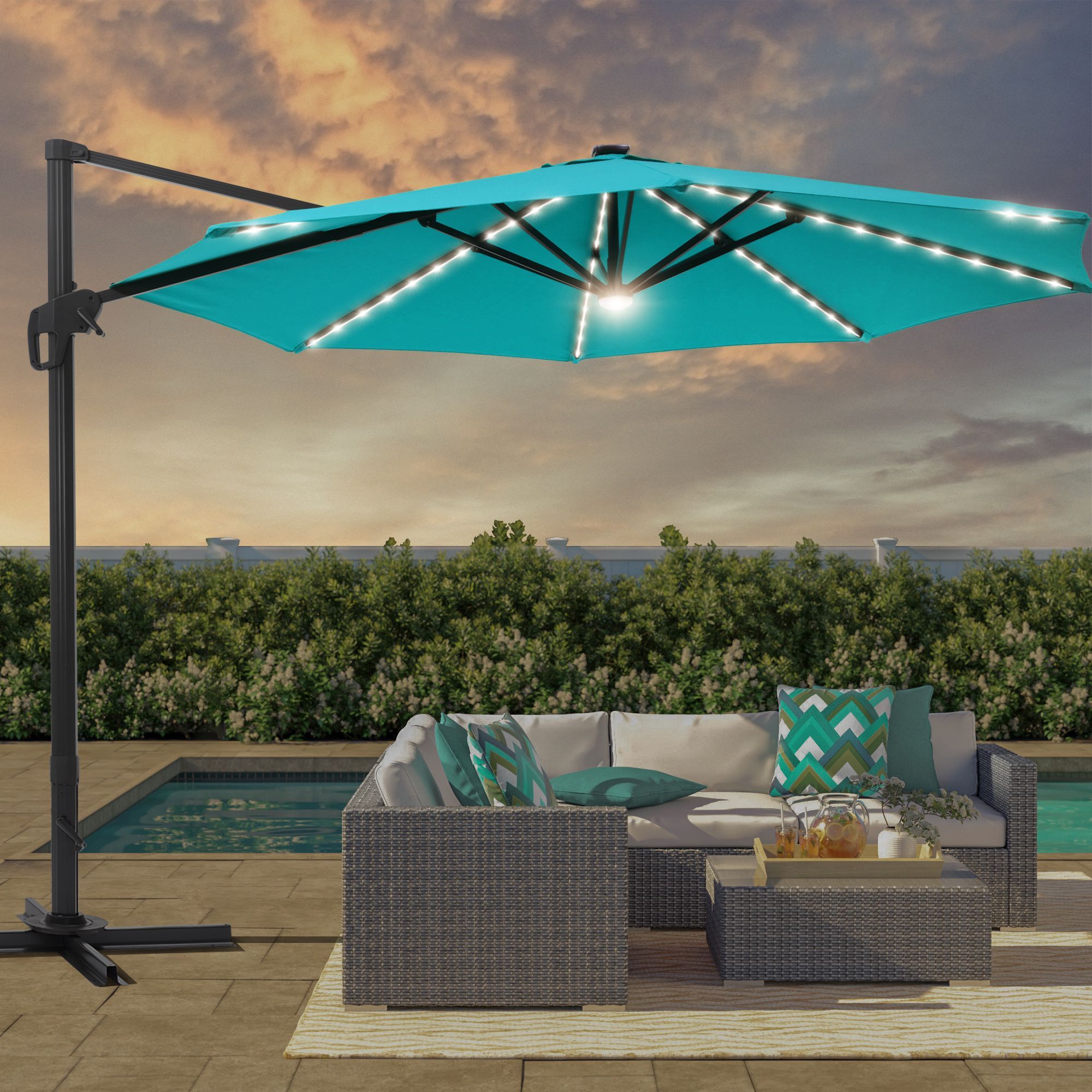 Sonkuki SD-132LB-LED 11-Feet Aluminum Blue No-tilt Cantilever Patio Umbrella with Lights and