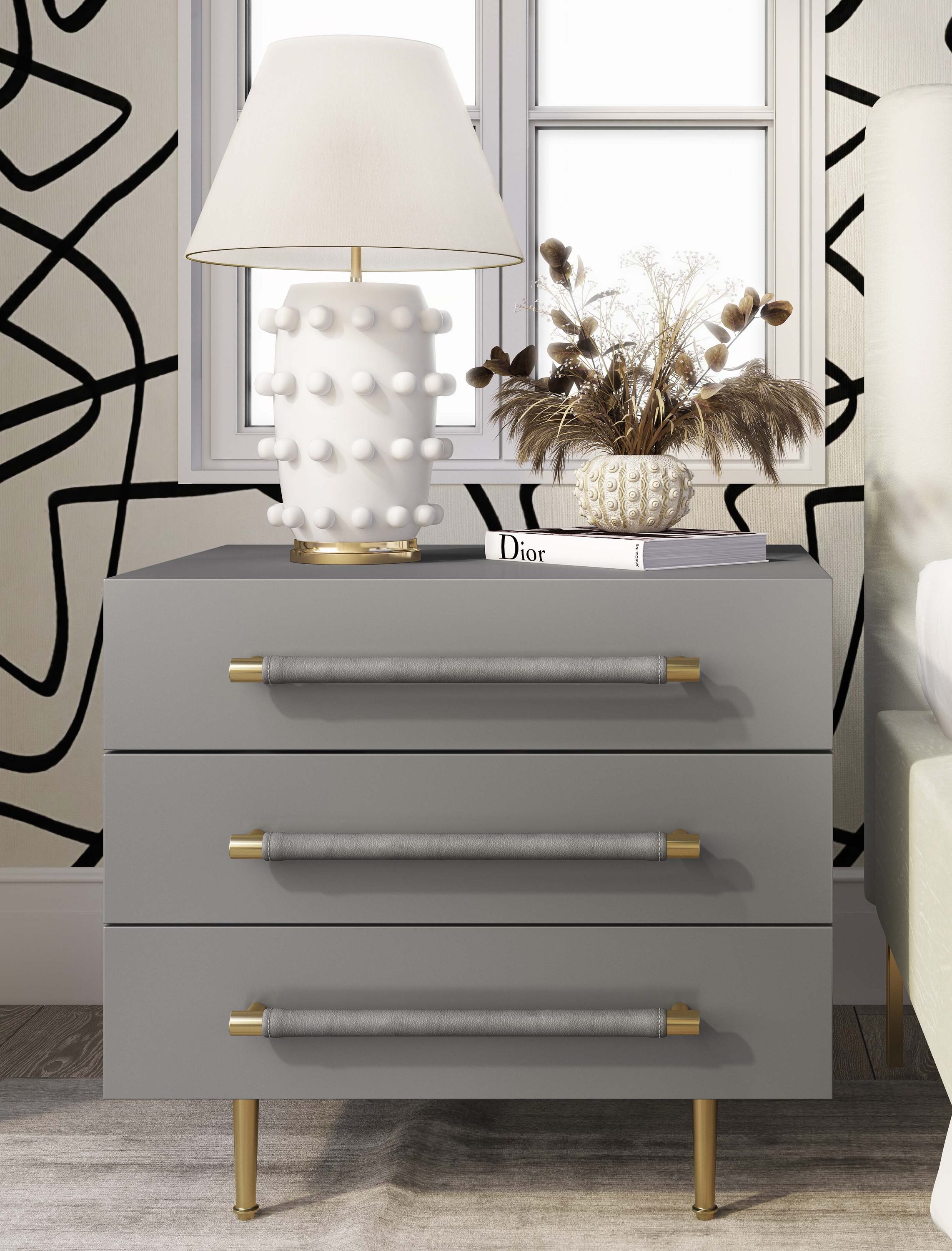 Gray 3-Drawer Nightstand with Brass Accents