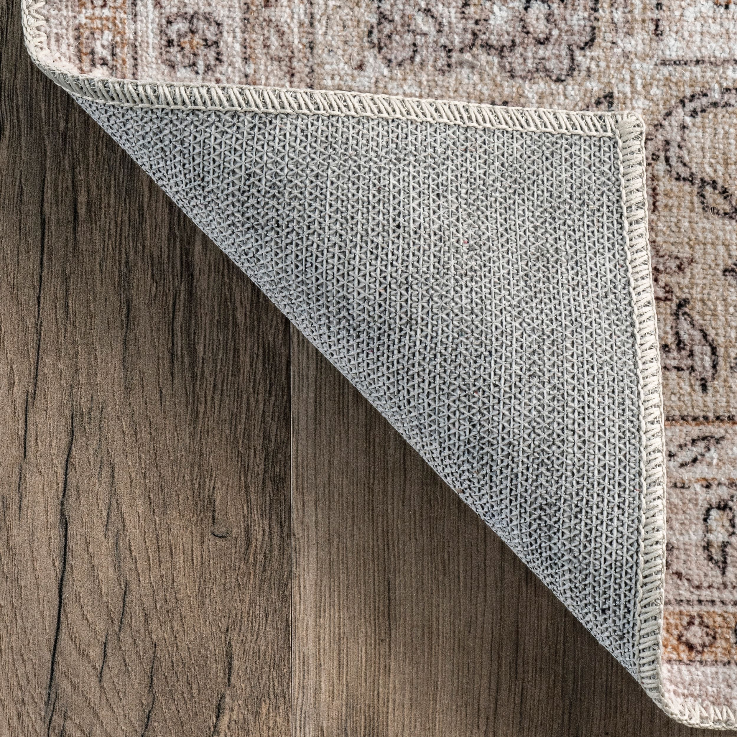 Beige Floral Machine Washable Stain-Resistant Area Rug