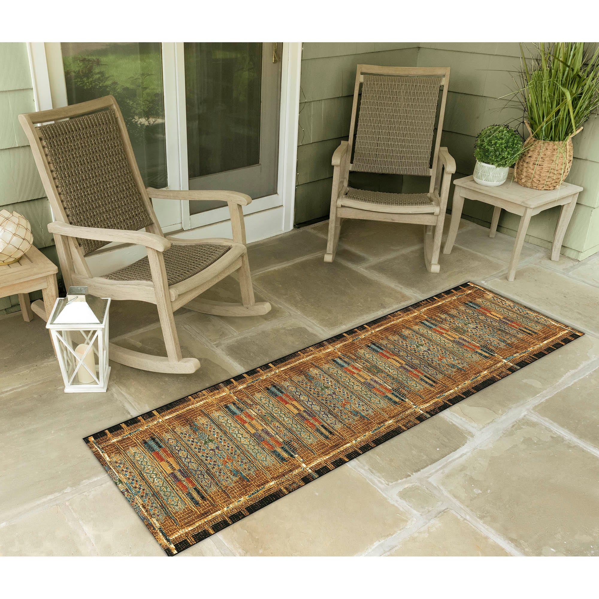 Liora Manne MNAR8805709 Marina 2 x 8 (ft) Polypropylene Gold Rectangular Indoor/Outdoor Stripe Bohemian/Eclectic Runner rug