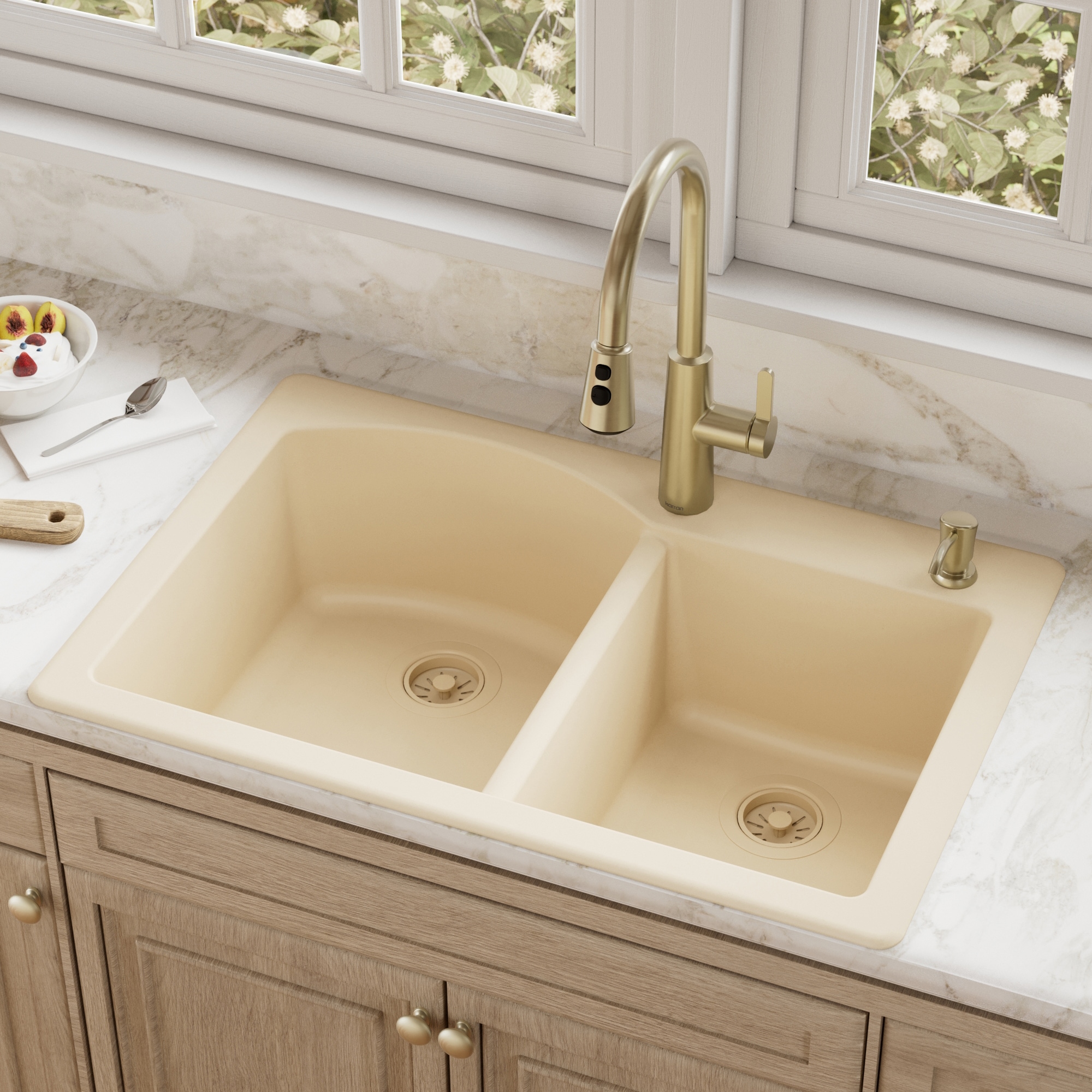 Karran Drop-in or undermount 33.0-in x 22.0-in Quartz Double offset bowl Kitchen Sink
