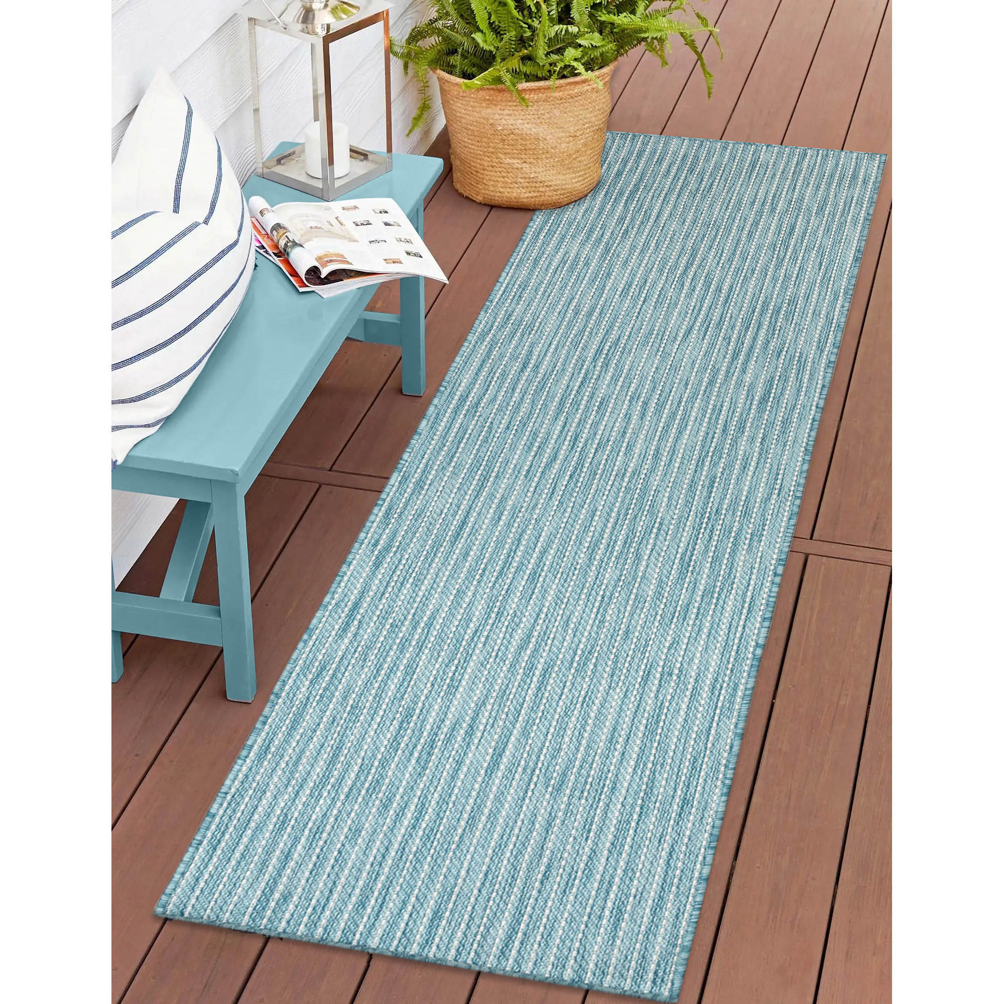 Liora Manne CRER8842204 Carmel 2 x 8 (ft) Loomed Polyester/Polypropylene Aqua Rectangular Indoor/Outdoor Solid Area rug