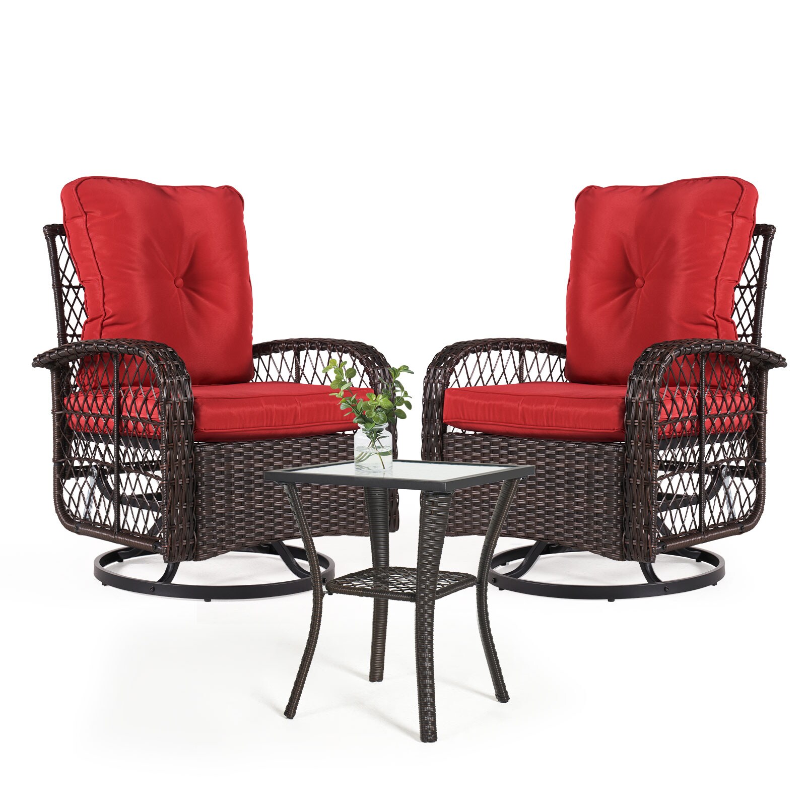 Red Cushioned Wicker Patio Bistro Set with Swivel Rocking Chairs