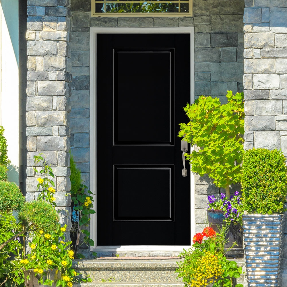 Masonite 1218169 36-in x 80-in x 4-9/16-in Fiberglass No glass Left-hand inswing Peppercorn Painted Prehung Front Door with Brickmould Insulating core
