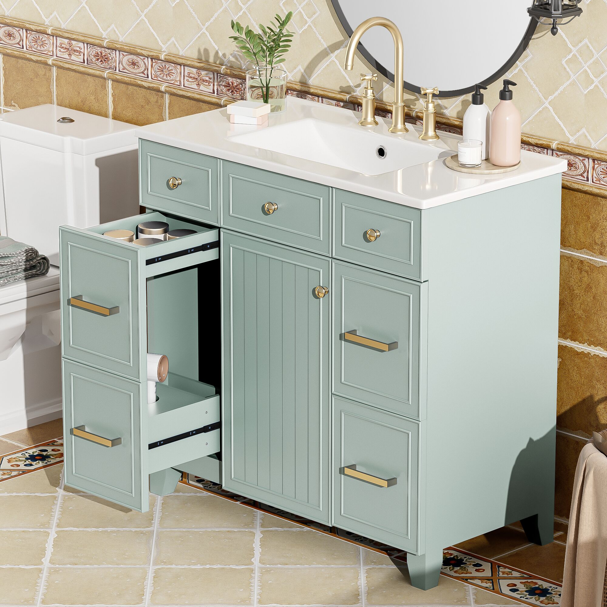 LOVMOR SF-M-N729P255663G 36Inch Bathroom Vanity with Ceramic Sink Green Solid Wood Frame Soft Close Doors Adjustable Shelves 3 Drawers Including DoubleDepth Drawer for Hairdryer StorageOld