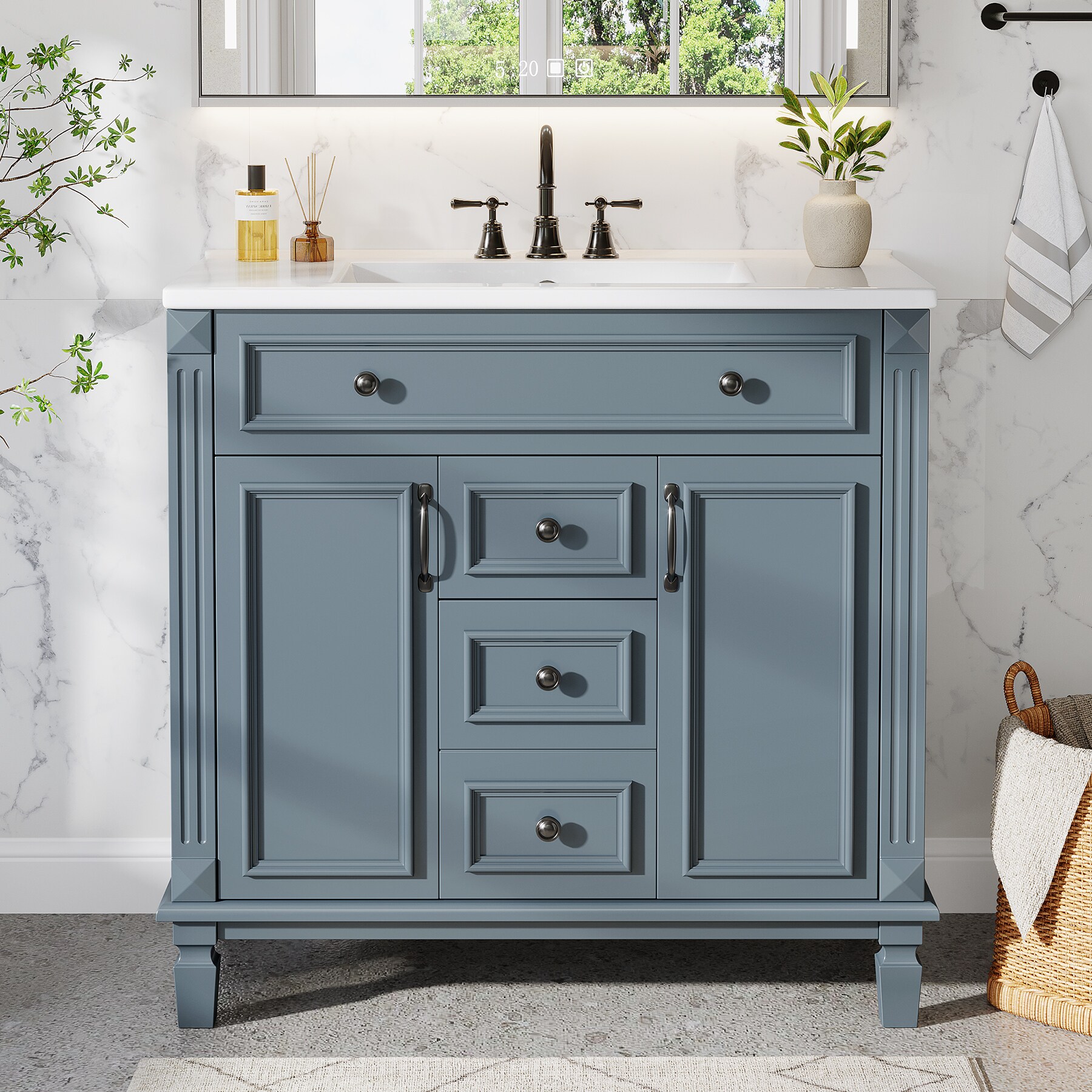 LITTLE TREE 36 in. Single Sink Freestanding Blue Bath Vanity with White Ceramic Top Unassembled