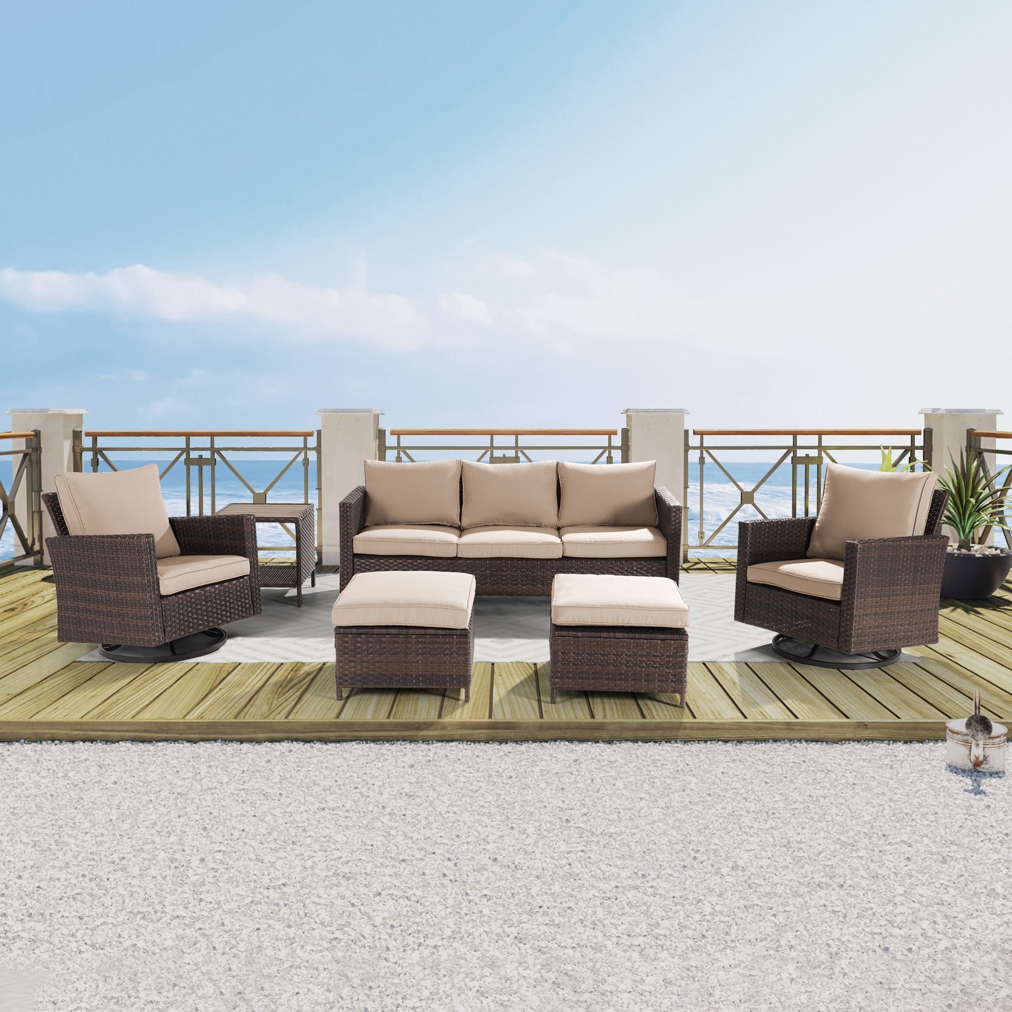 ACEGOSES LW-115BSD-2RT3 6 -Piece Wicker Patio Sofa Conversation Set with Tan Cushions