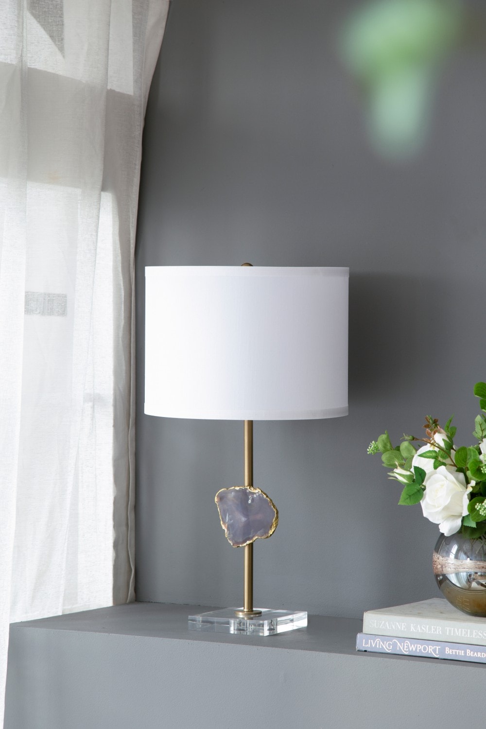 SUNLONG  14 in Gold Desk Light with Agate Slice and White Drum Shade Table Lamp