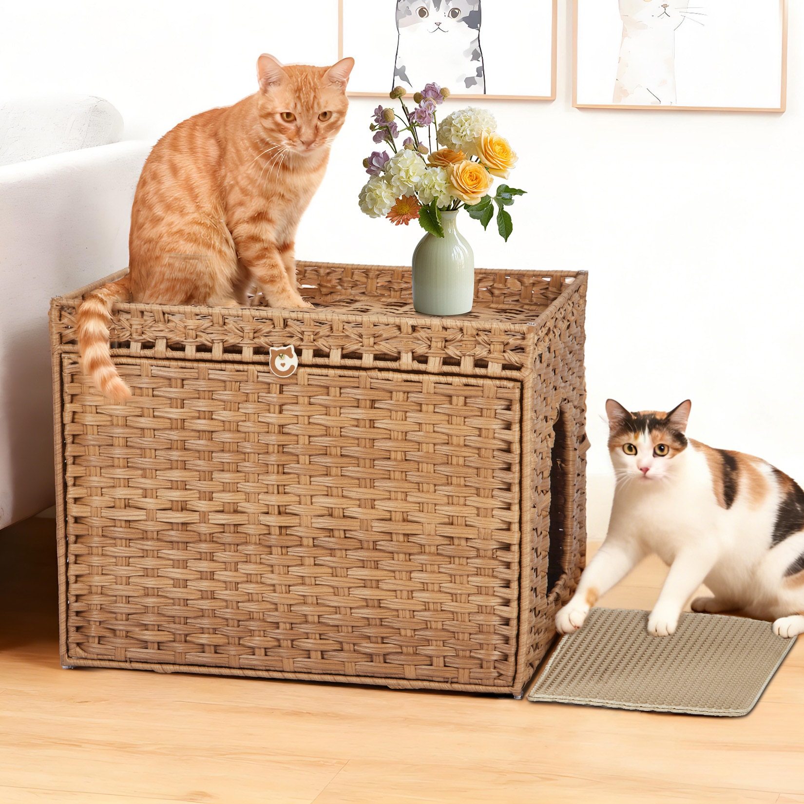 0 - Hidden Cat Litter Box Enclosure Furniture Handwoven Rattan Cats Litter Box Cabinet with Mat L...
