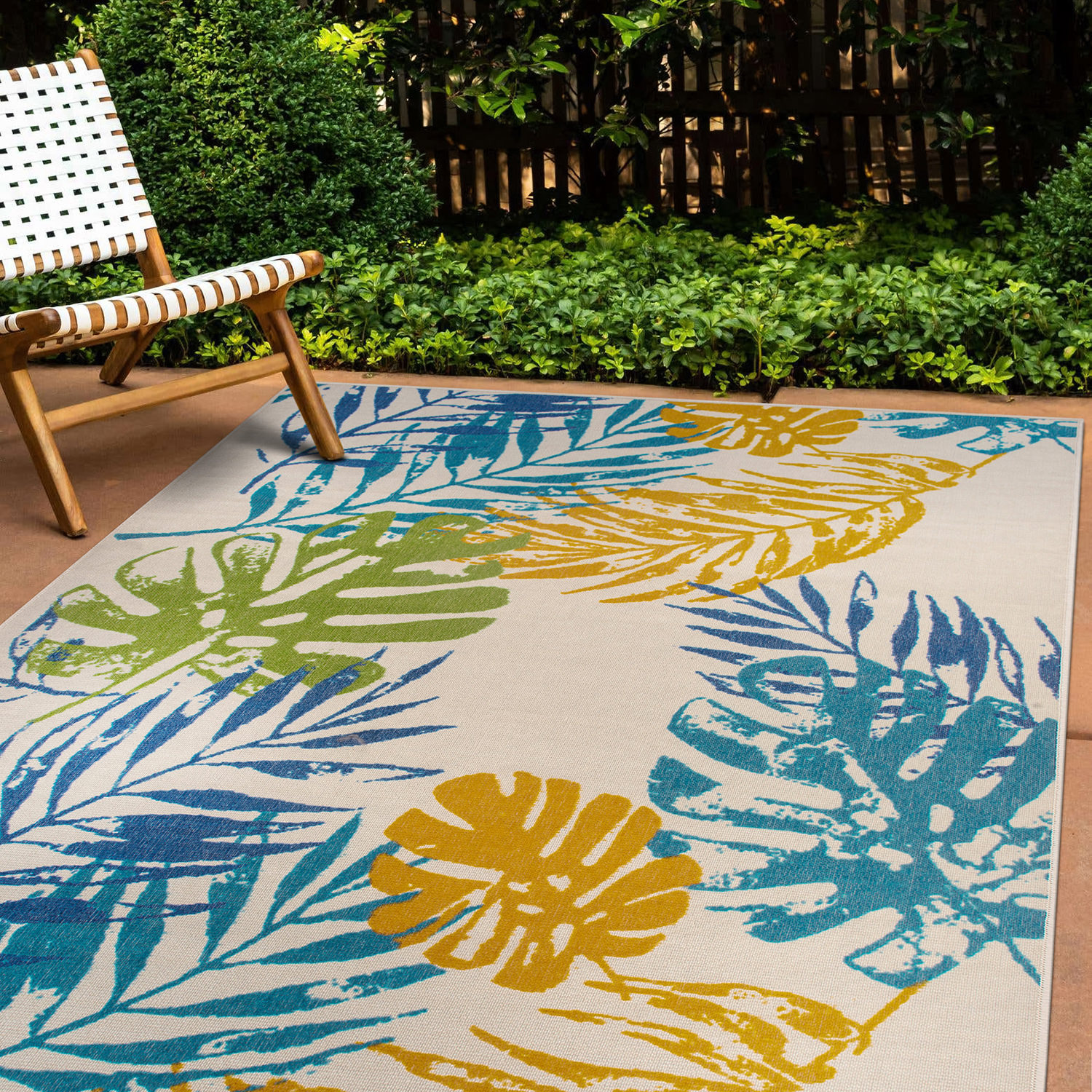 World Rug Gallery Contemporary Tropical Leaves Indoor/Outdoor Waterproof Patio Area Rug, Yellow, 2x7 ft