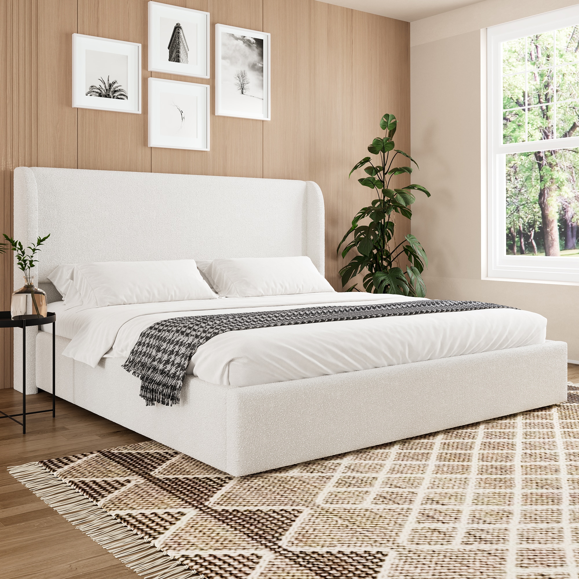 GDFStudio - Queen Size Boucle Upholstered Cloud Bed Frame in White Wingback Headboard Solid Wood ...