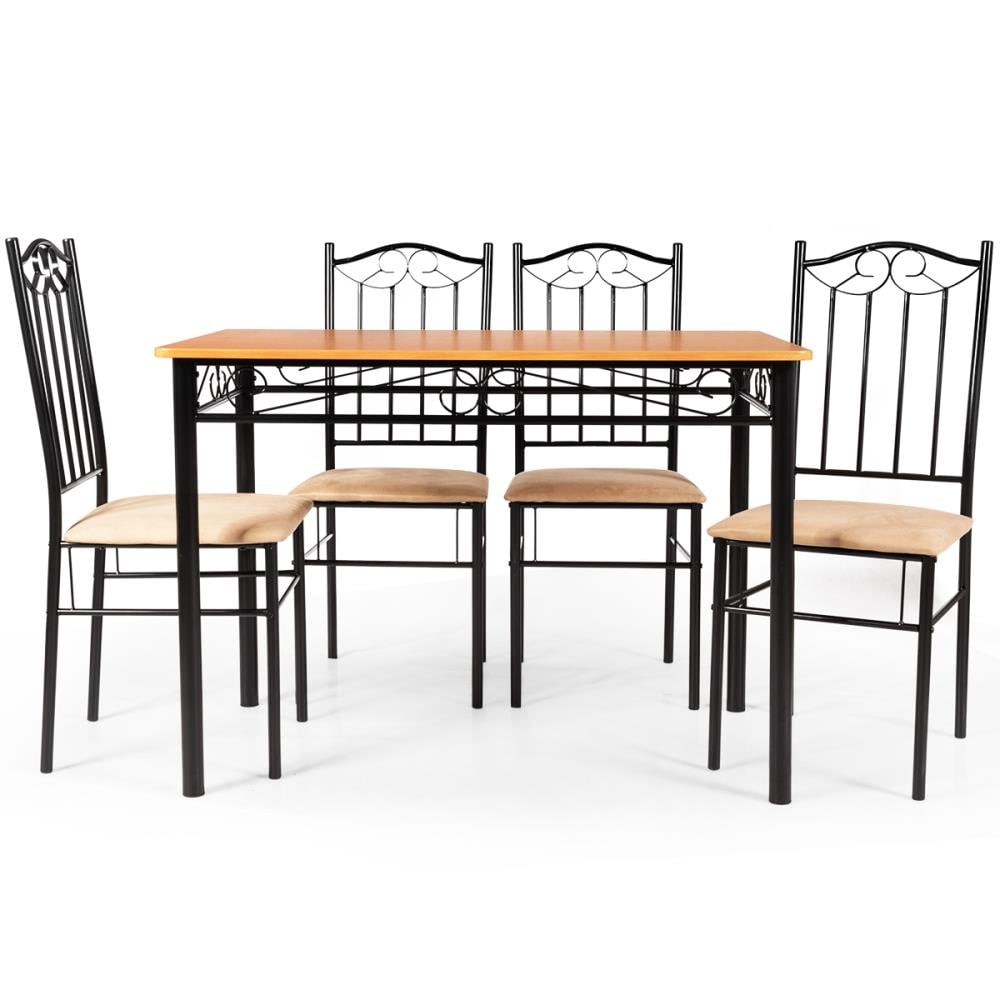 Elegant Hollow-Carved 5-Piece Wood & Metal Dining Set in Wooden Color