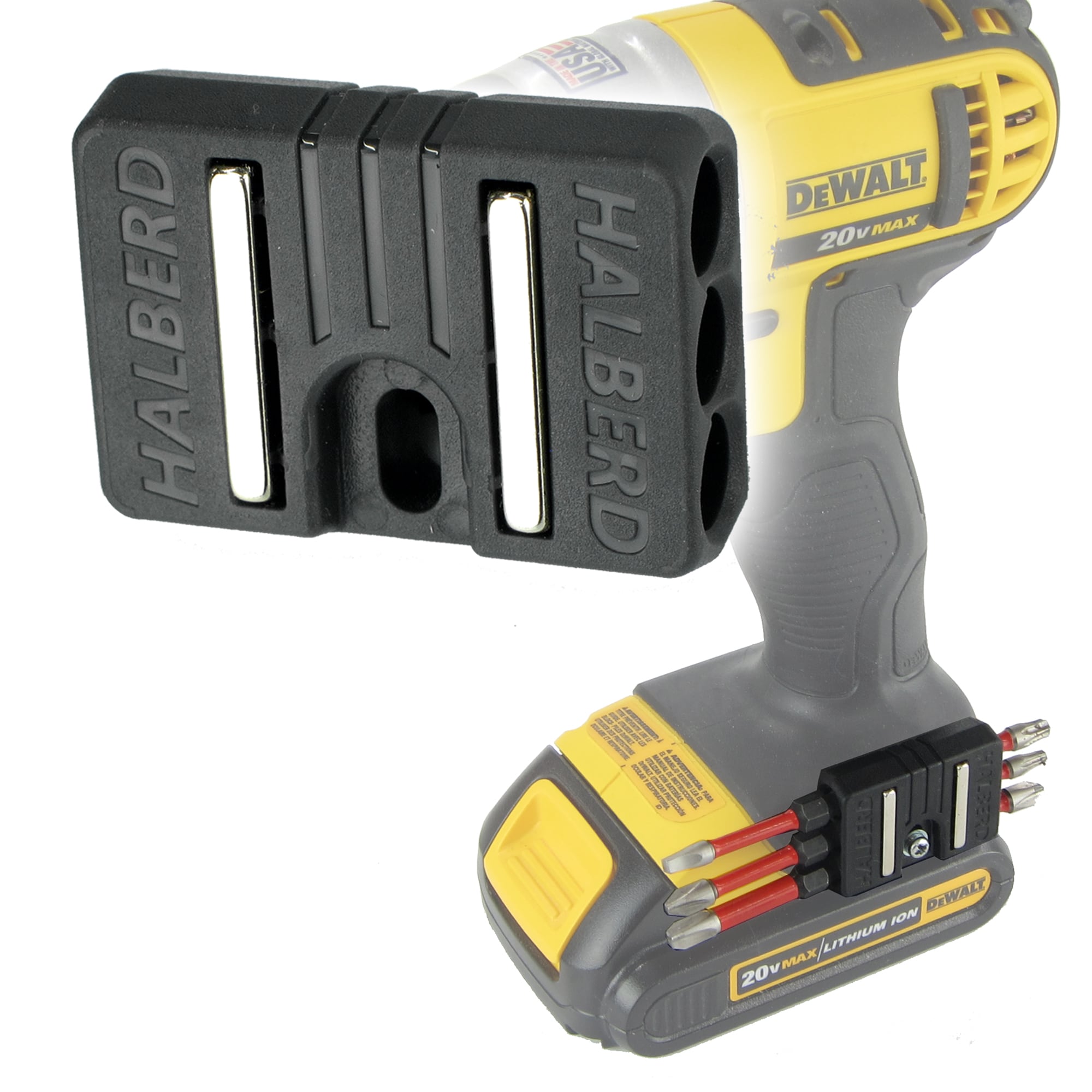 Halberd Magnetic Bit Holder - Attaches to Belt Clip Mount - Compatible With Most Major Brands Including DeWALT Milwaukee Makita Craftsman Bosch Ryobi Kobalt and More