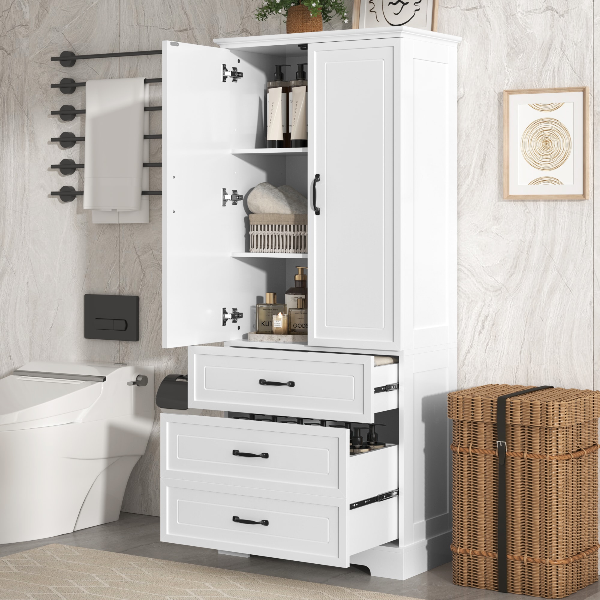 GDFStudio 327345 Tall Bathroom Storage Cabinet Cabinet with Two Doors and Drawers Adjustable Shelf MDF Board White